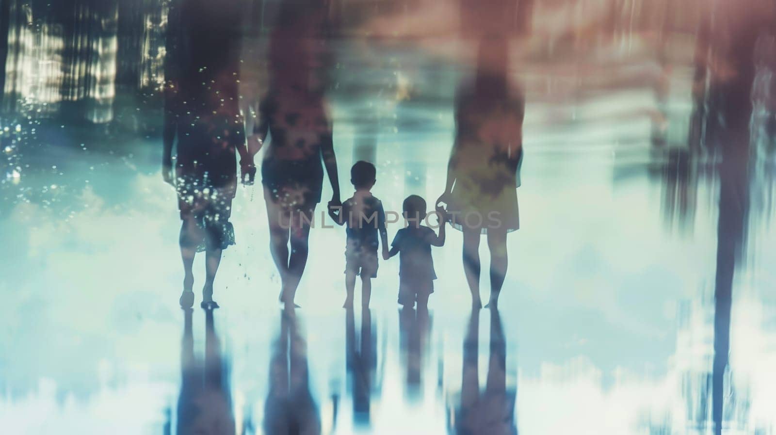 This evocative image captures the intricate dynamics of a family, showcasing a child surrounded by both biological and adoptive parents, their relationships beautifully depicted in a blurred composition.