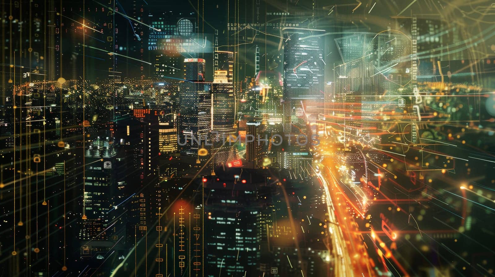 A mesmerizing double exposure combines the intricate web of binary code and data streams with the bustling landscapes of futuristic cityscapes and urban environments. Set against a dark background, this dynamic composition evokes a visionary perspective and is captured in high quality.