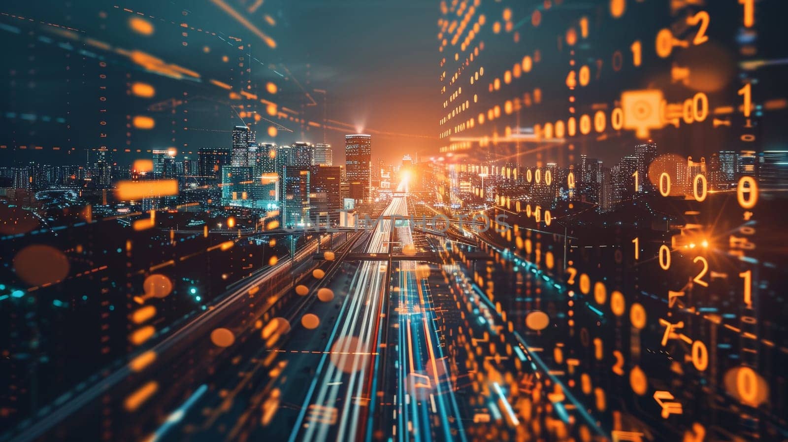 A mesmerizing double exposure combines the intricate web of binary code and data streams with the bustling landscapes of futuristic cityscapes and urban environments. Set against a dark background, this dynamic composition evokes a visionary perspective and is captured in high quality.