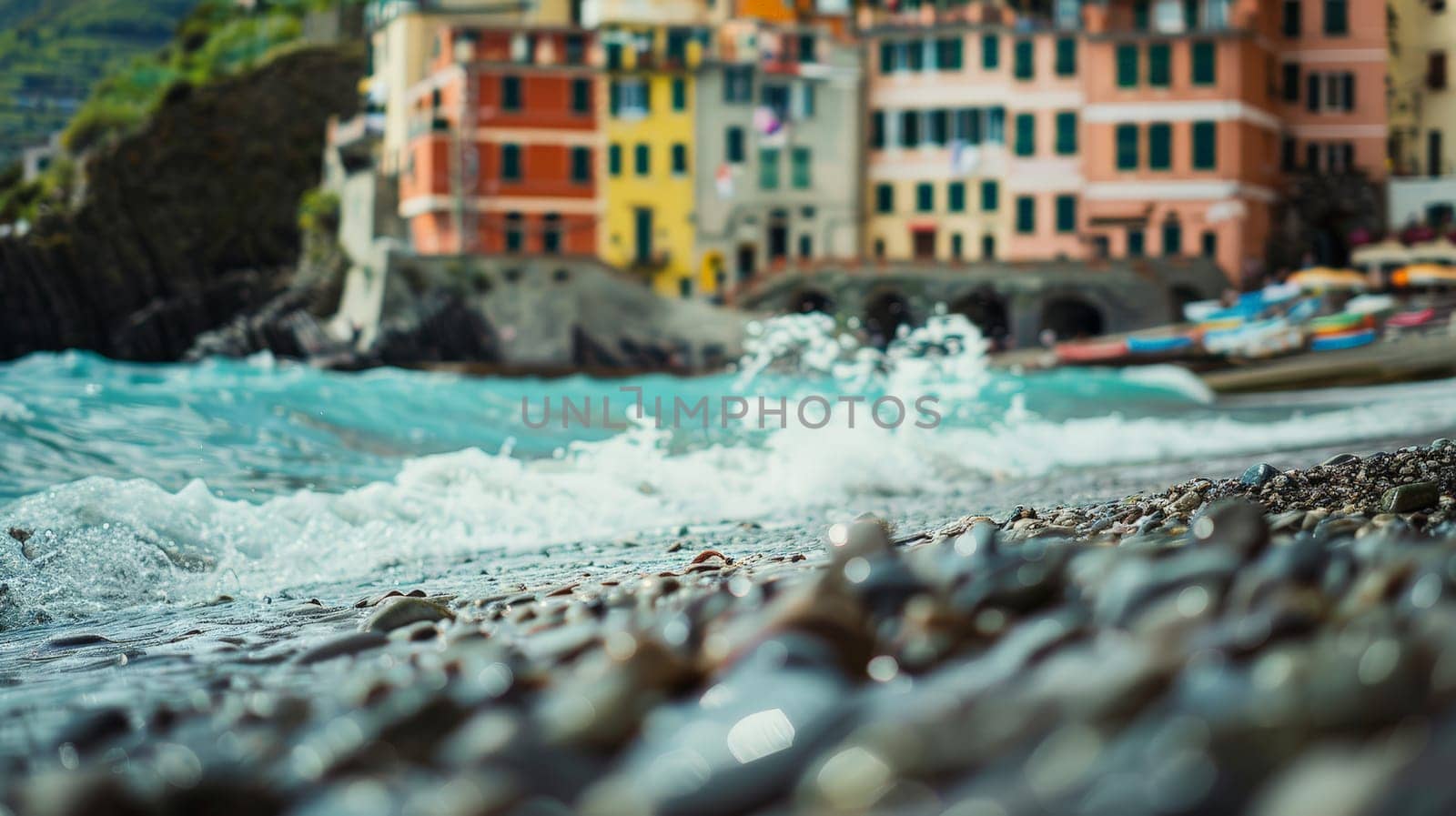 Immerse yourself in the serene beauty of Bogliasco's fishing town beach captured in this captivating photograph. Shot at eye level, the deep focus highlights the tranquil coastal serenity and cinematic allure of the seaside.