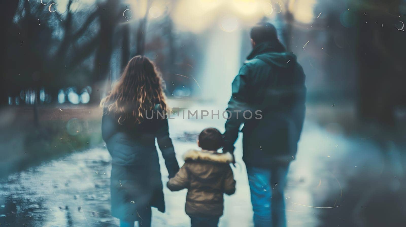 This evocative image captures the intricate dynamics of a family, showcasing a child surrounded by both biological and adoptive parents, their relationships beautifully depicted in a blurred composition.
