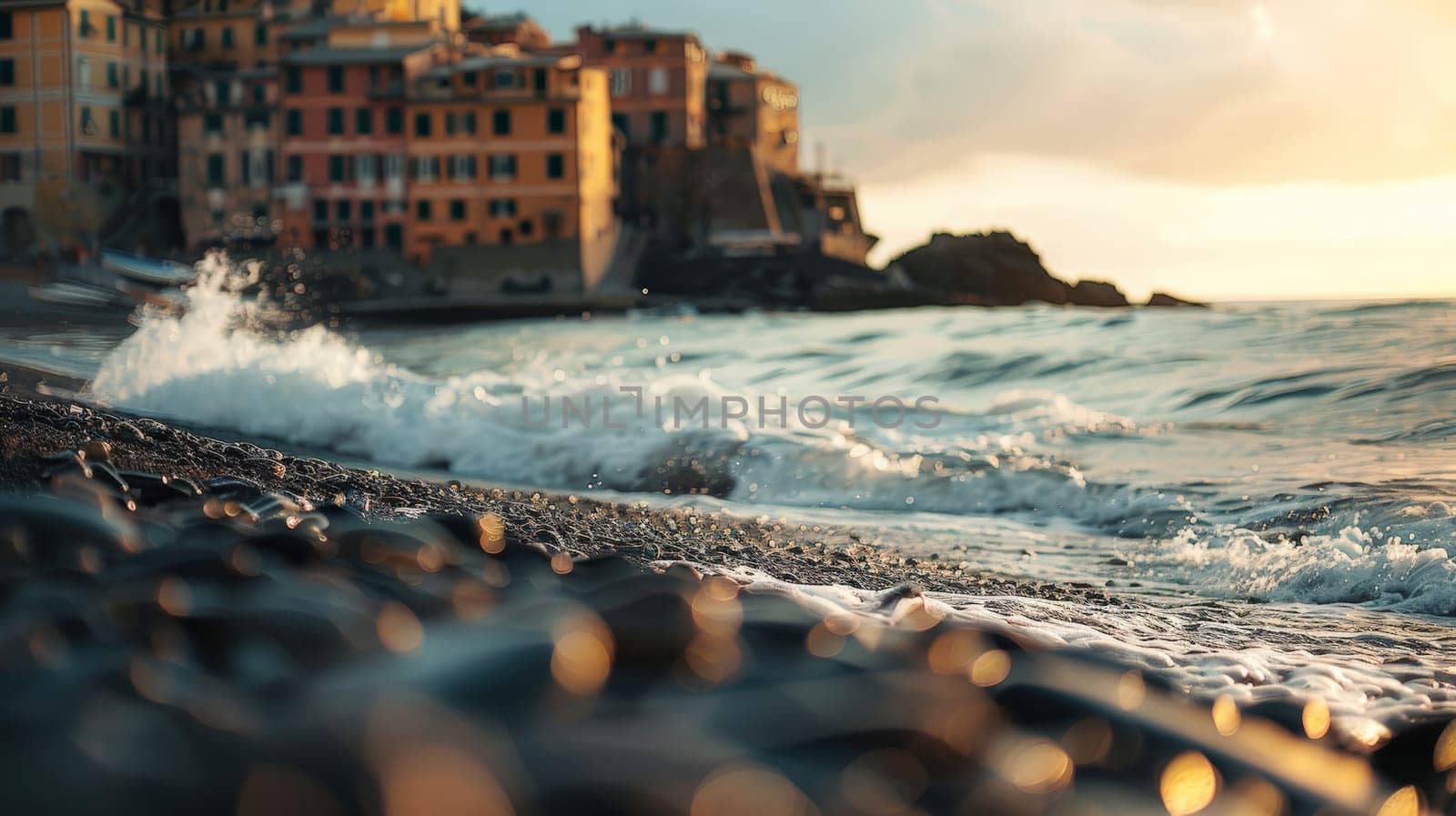 Immerse yourself in the serene beauty of Bogliasco's fishing town beach captured in this captivating photograph. Shot at eye level, the deep focus highlights the tranquil coastal serenity and cinematic allure of the seaside.