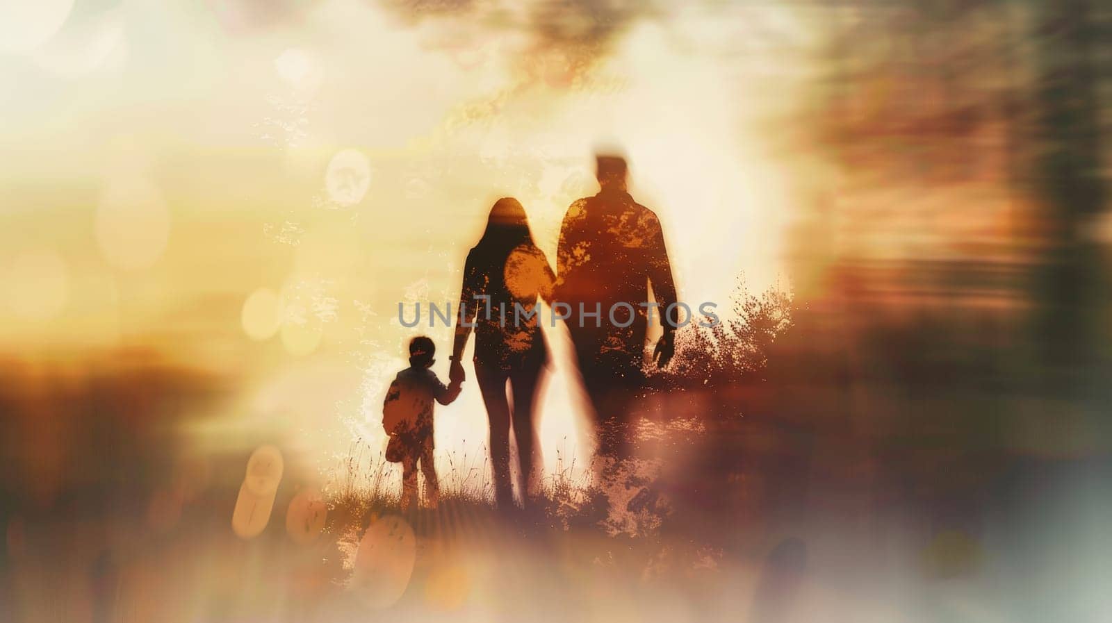 This evocative image captures the intricate dynamics of a family, showcasing a child surrounded by both biological and adoptive parents, their relationships beautifully depicted in a blurred composition.