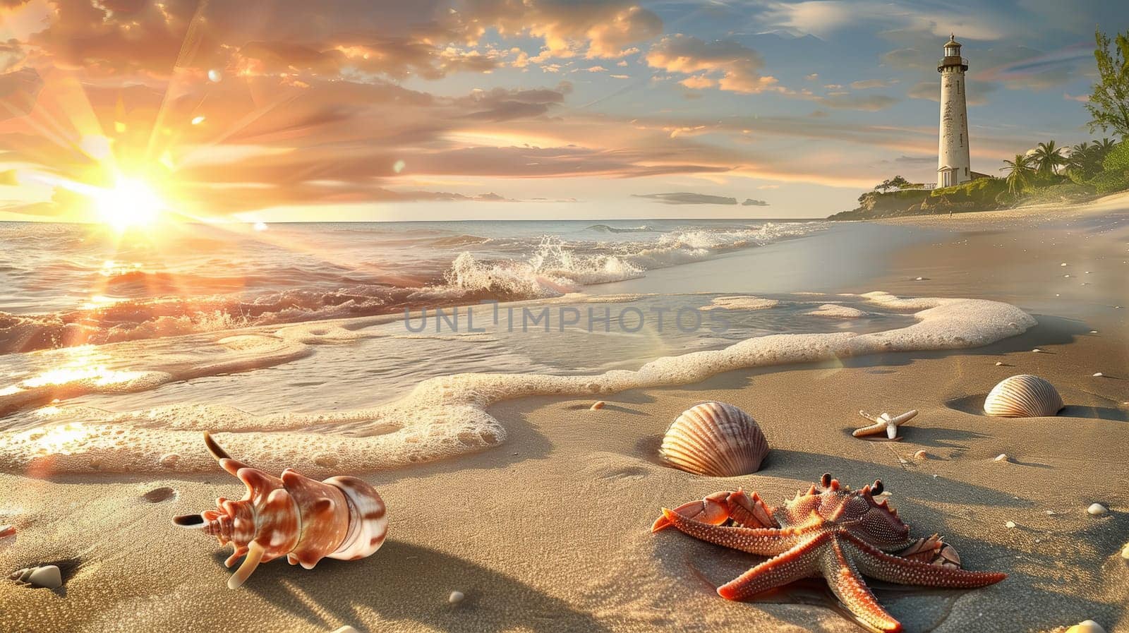 Immerse yourself in the serene beauty of a sandy beach at dusk, where the sun gently sets on the horizon, casting warm hues across the tranquil waters. In the distance, a majestic lighthouse stands tall against the fading light, guiding ships safely to shore. Along the shoreline, delicate seashells glisten in the golden hour glow, while a small tidepool teems with life, hosting curious crabs and vibrant starfish.