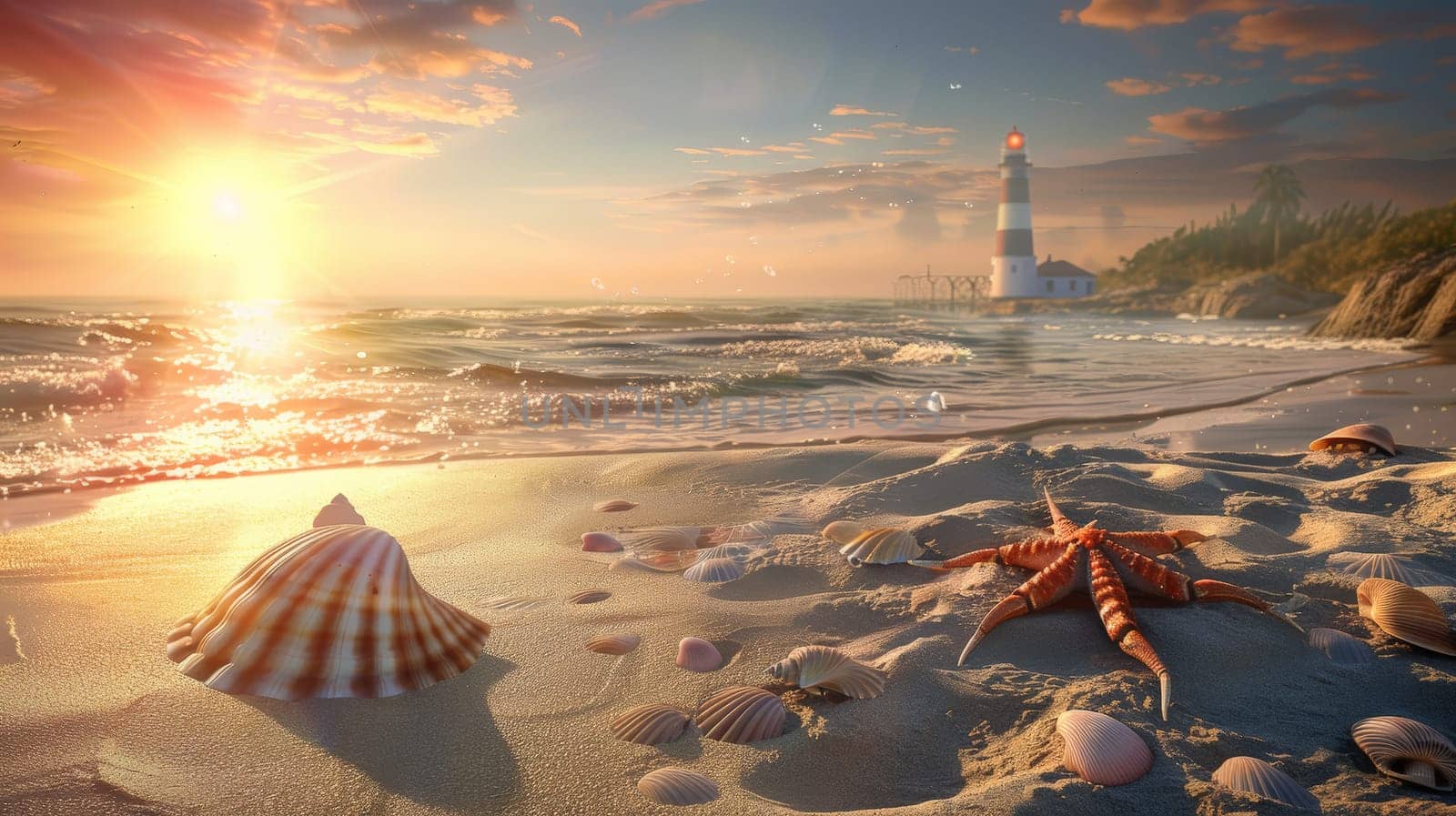Immerse yourself in the serene beauty of a sandy beach at dusk, where the sun gently sets on the horizon, casting warm hues across the tranquil waters. In the distance, a majestic lighthouse stands tall against the fading light, guiding ships safely to shore. Along the shoreline, delicate seashells glisten in the golden hour glow, while a small tidepool teems with life, hosting curious crabs and vibrant starfish.