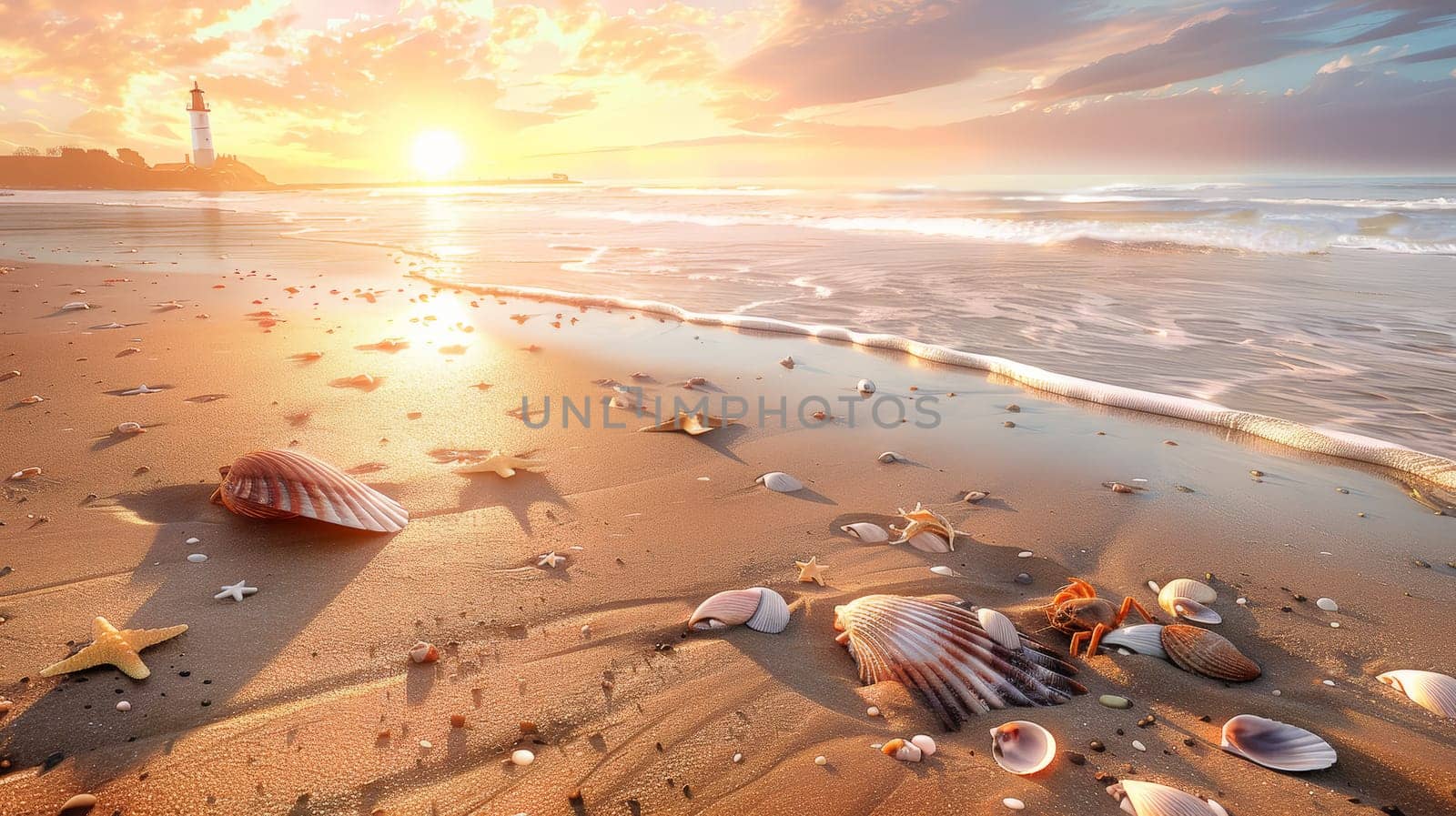 Immerse yourself in the serene beauty of a sandy beach at dusk, where the sun gently sets on the horizon, casting warm hues across the tranquil waters. In the distance, a majestic lighthouse stands tall against the fading light, guiding ships safely to shore. Along the shoreline, delicate seashells glisten in the golden hour glow, while a small tidepool teems with life, hosting curious crabs and vibrant starfish.