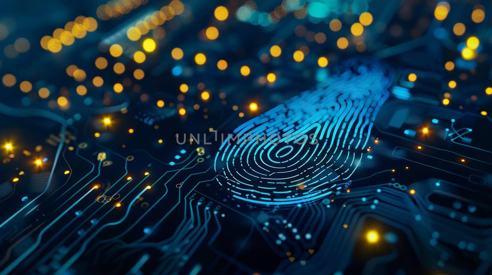 In this captivating image, a blue dot surrounded by yellow lights forms a futuristic representation of a fingerprint, symbolizing the intersection of augmented reality and technology. This artistic depiction offers a glimpse into the digital realm of identity and security.