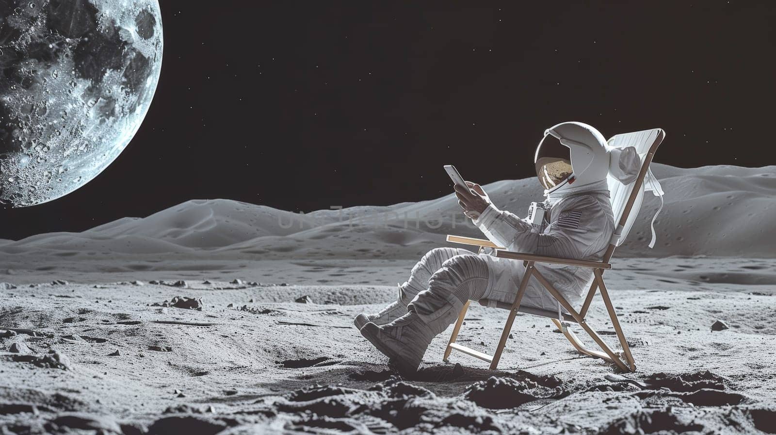 Embark on a cosmic journey with this surreal image of an astronaut unwinding in a beach chair on the lunar surface, casually holding a phone in hand. Against the backdrop of the vast moon landscape, this scene juxtaposes the familiar comfort of leisure with the otherworldly setting of space exploration. Explore the intersection of relaxation and adventure in this imaginative composition.