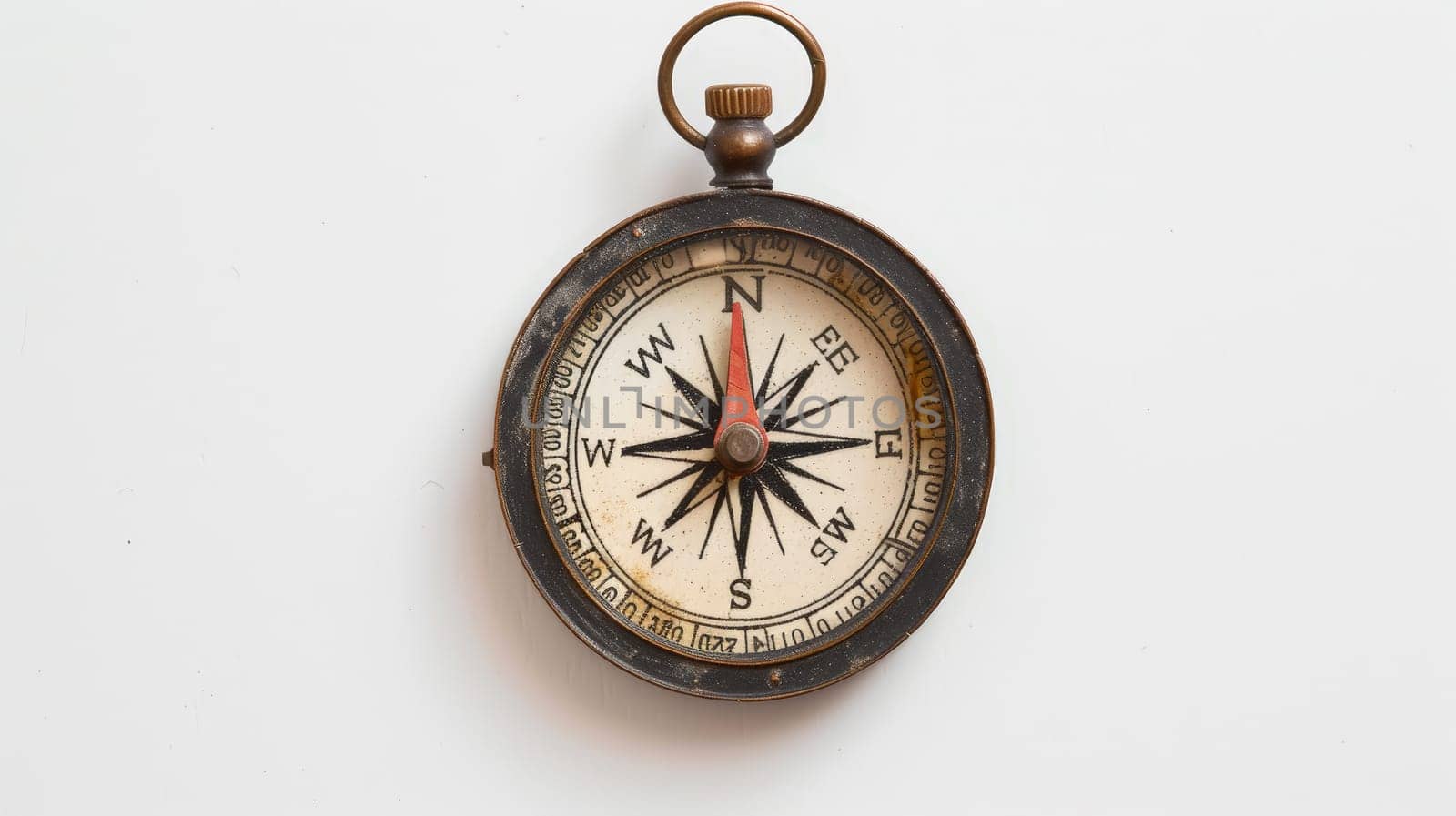 A compass against a pristine white studio background symbolizes the act of making decisions and choosing a direction. This simple yet powerful image captures the essence of decision-making and navigation.
