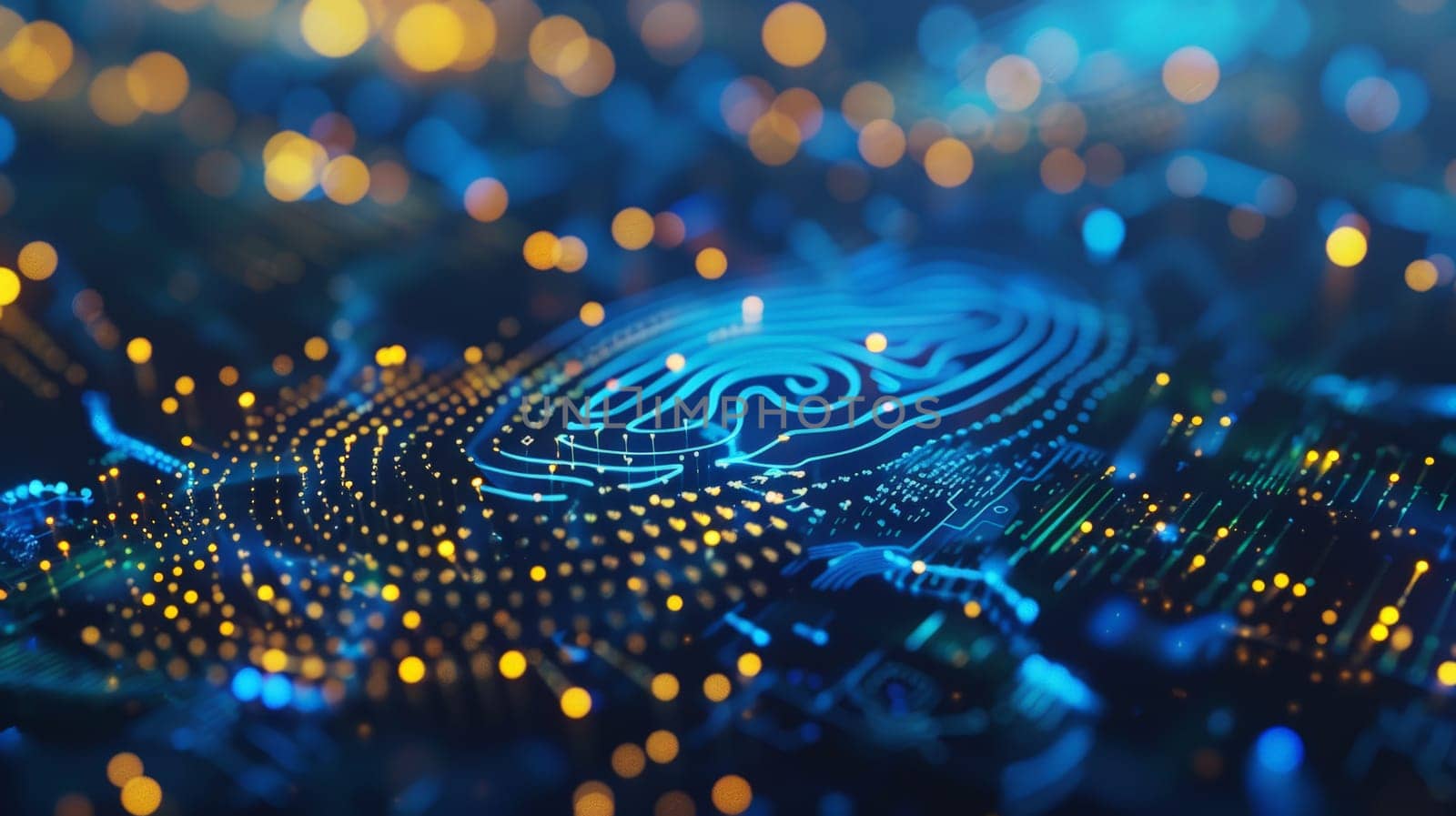 In this captivating image, a blue dot surrounded by yellow lights forms a futuristic representation of a fingerprint, symbolizing the intersection of augmented reality and technology. This artistic depiction offers a glimpse into the digital realm of identity and security.