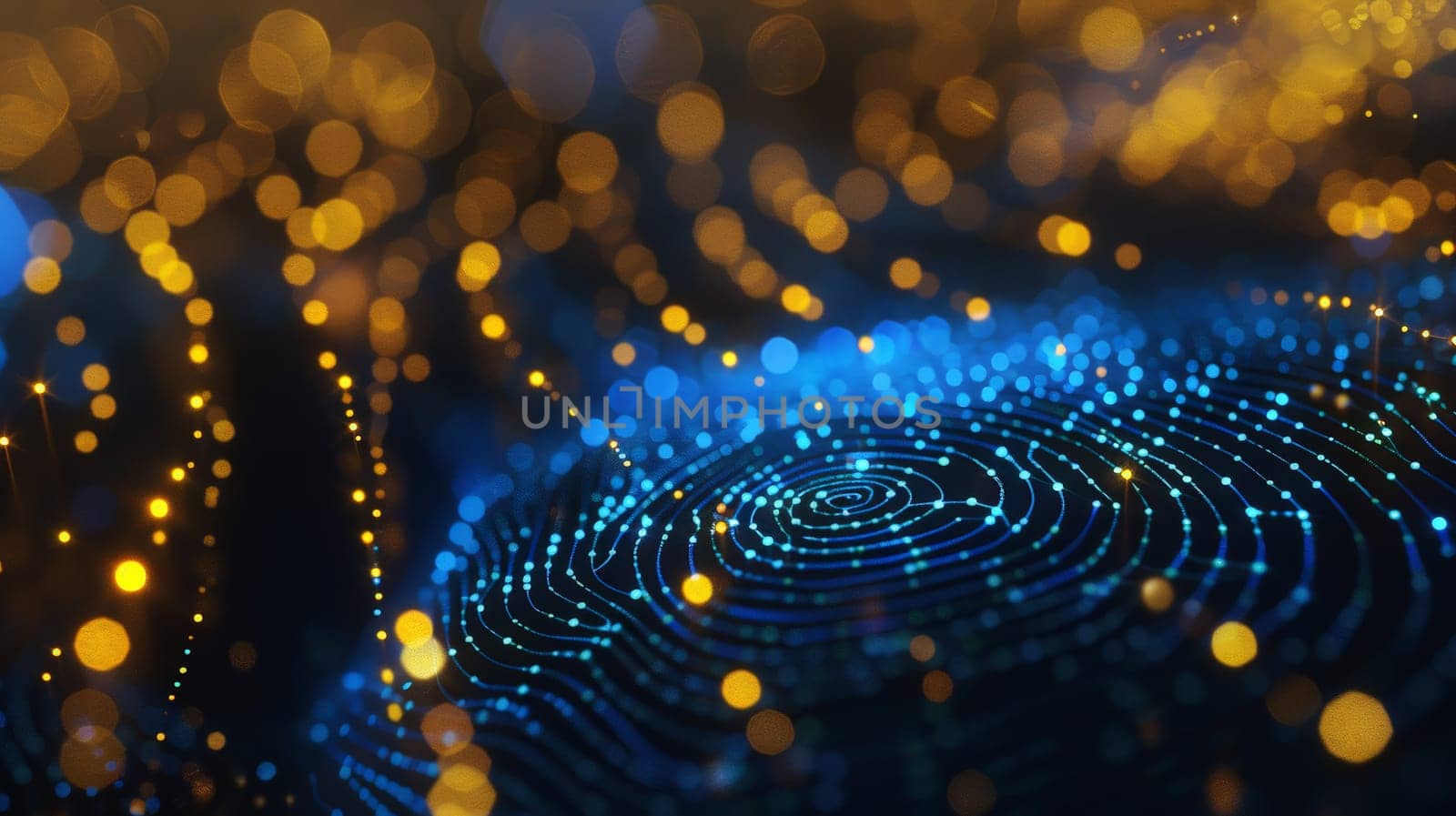In this captivating image, a blue dot surrounded by yellow lights forms a futuristic representation of a fingerprint, symbolizing the intersection of augmented reality and technology. This artistic depiction offers a glimpse into the digital realm of identity and security.