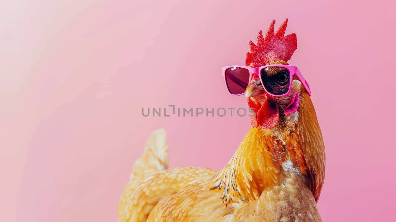 Experience the whimsical world of poultry fashion with this creative animal concept featuring a chicken hen sporting stylish sunglasses. Against a solid pastel background, this image blends humor with surrealism, offering a unique and eye-catching visual for commercial and editorial advertisements. Let this sassy hen add a touch of fun to your marketing campaigns!