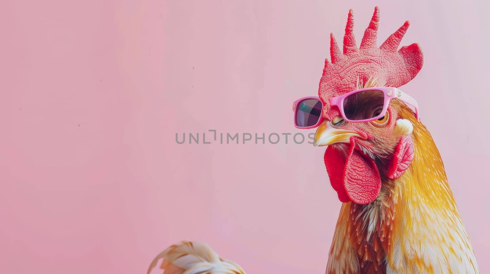 Experience the whimsical world of poultry fashion with this creative animal concept featuring a chicken hen sporting stylish sunglasses. Against a solid pastel background, this image blends humor with surrealism, offering a unique and eye-catching visual for commercial and editorial advertisements. Let this sassy hen add a touch of fun to your marketing campaigns!