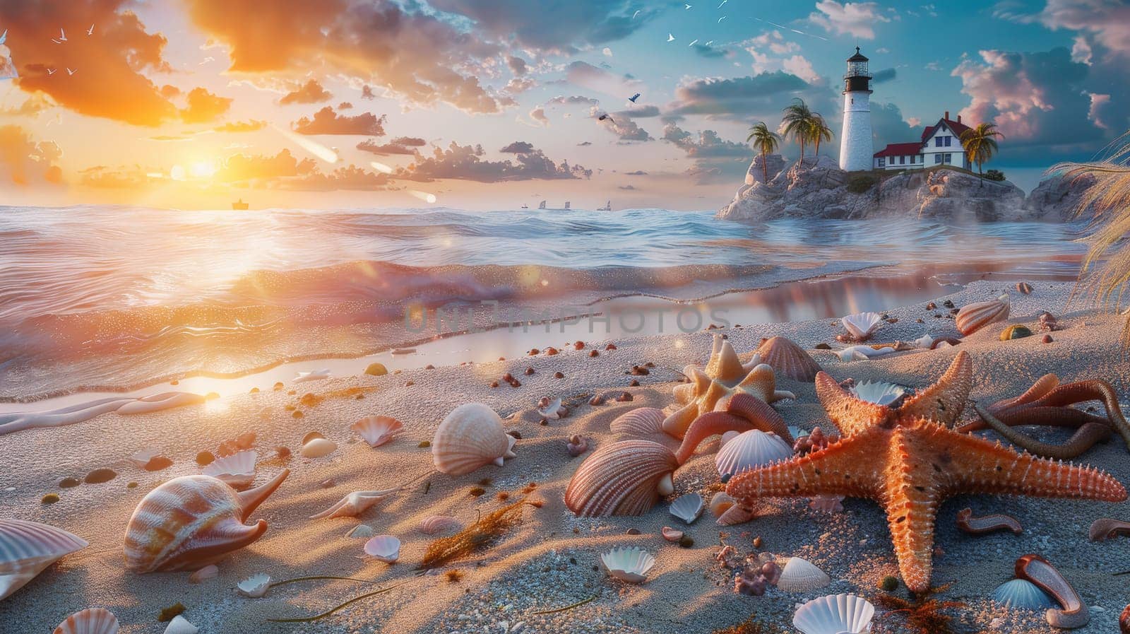Immerse yourself in the serene beauty of a sandy beach at dusk, where the sun gently sets on the horizon, casting warm hues across the tranquil waters. In the distance, a majestic lighthouse stands tall against the fading light, guiding ships safely to shore. Along the shoreline, delicate seashells glisten in the golden hour glow, while a small tidepool teems with life, hosting curious crabs and vibrant starfish.