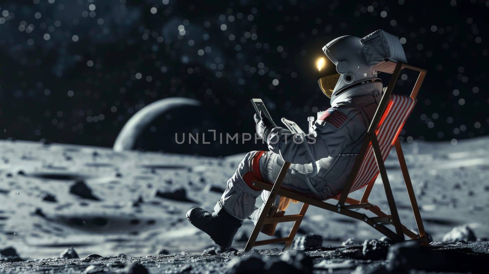 Embark on a cosmic journey with this surreal image of an astronaut unwinding in a beach chair on the lunar surface, casually holding a phone in hand. Against the backdrop of the vast moon landscape, this scene juxtaposes the familiar comfort of leisure with the otherworldly setting of space exploration. Explore the intersection of relaxation and adventure in this imaginative composition.