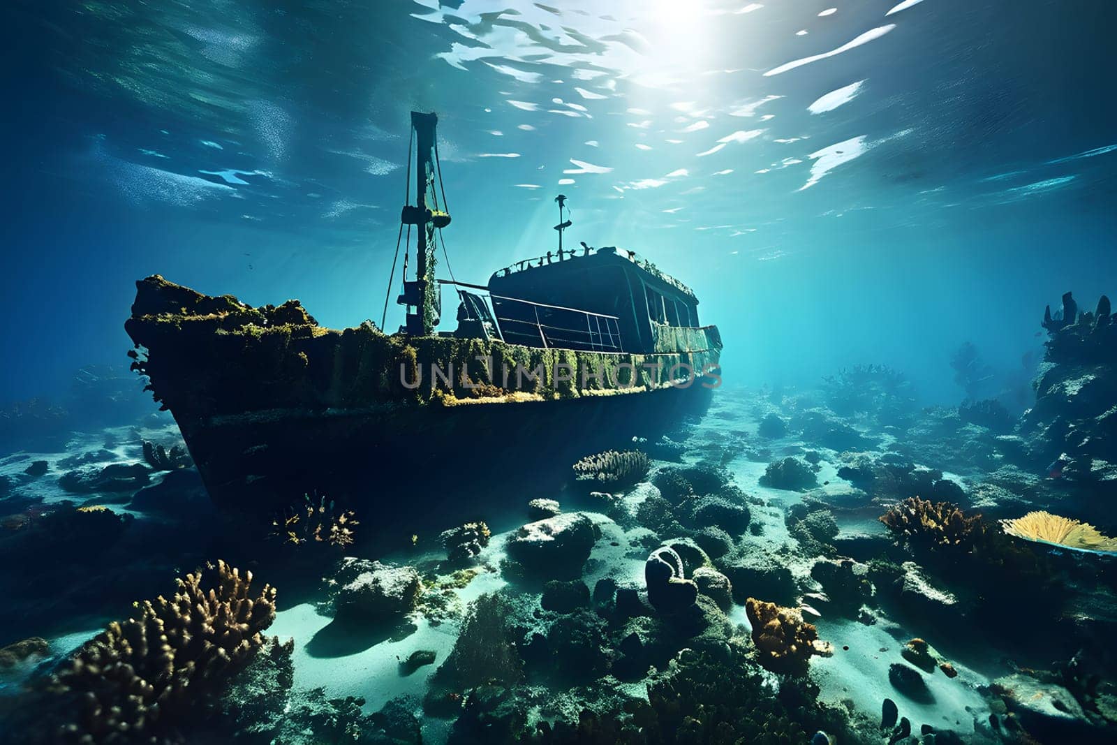 sunken ship wreck resting on the ocean floor