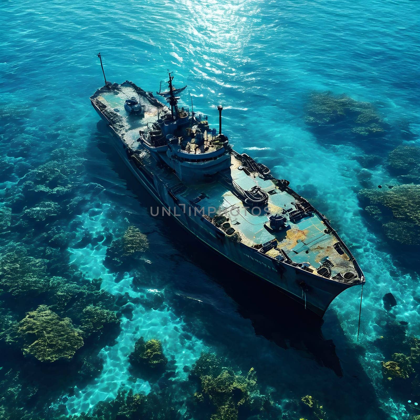 sunken ship wreck resting on the ocean floor