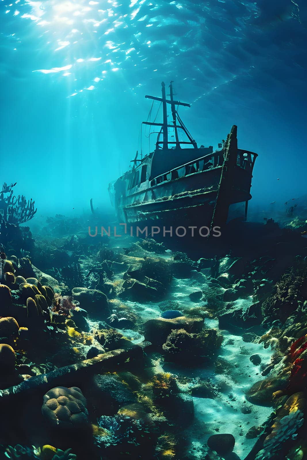 sunken ship wreck resting on the ocean floor