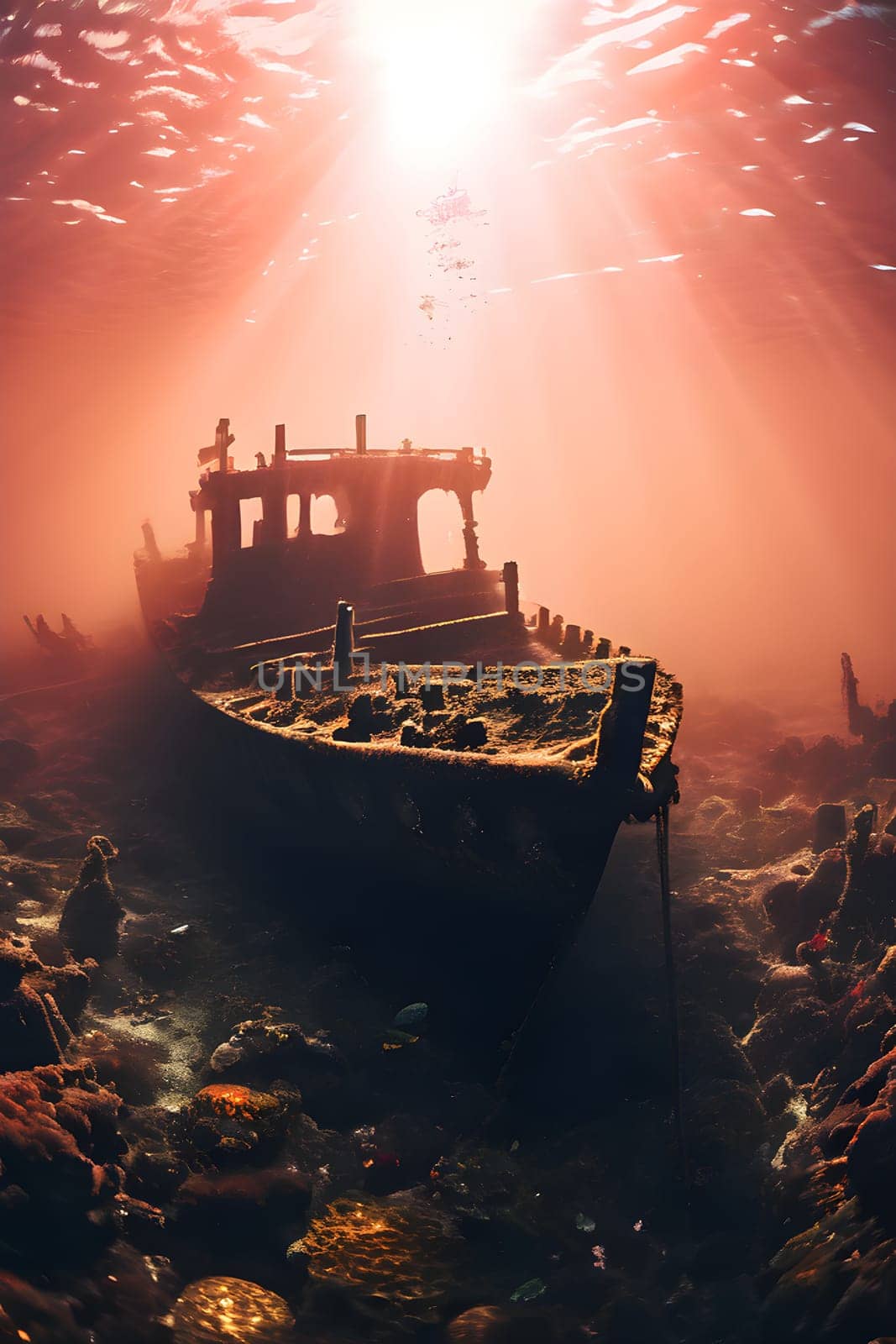 sunken ship wreck resting on the ocean floor
