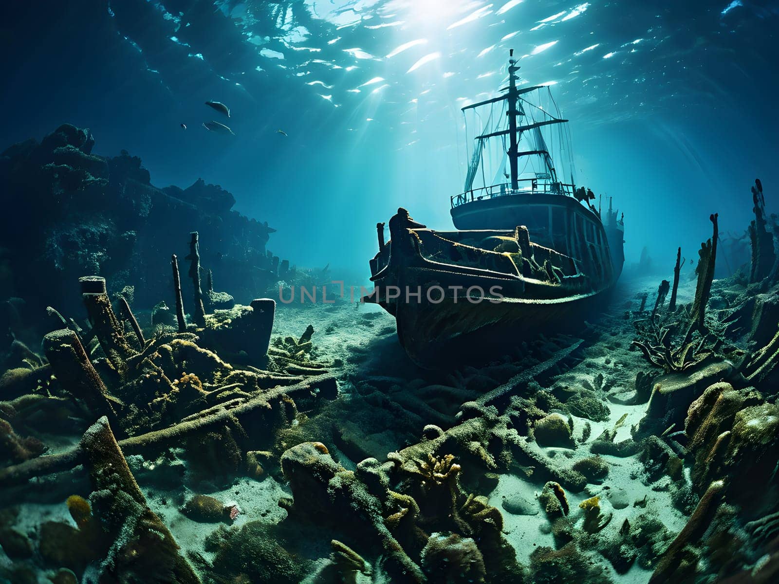 sunken ship wreck resting on the ocean floor