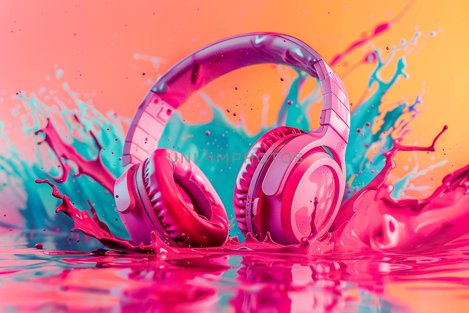 Headphones with colorful splashes of oil paint. Wireless headphone in a color paints. AI generated