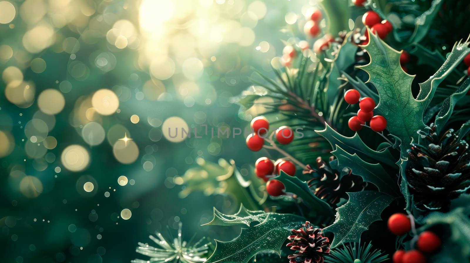 Christmas background. Holly leaves decoration with red berries. AI generated