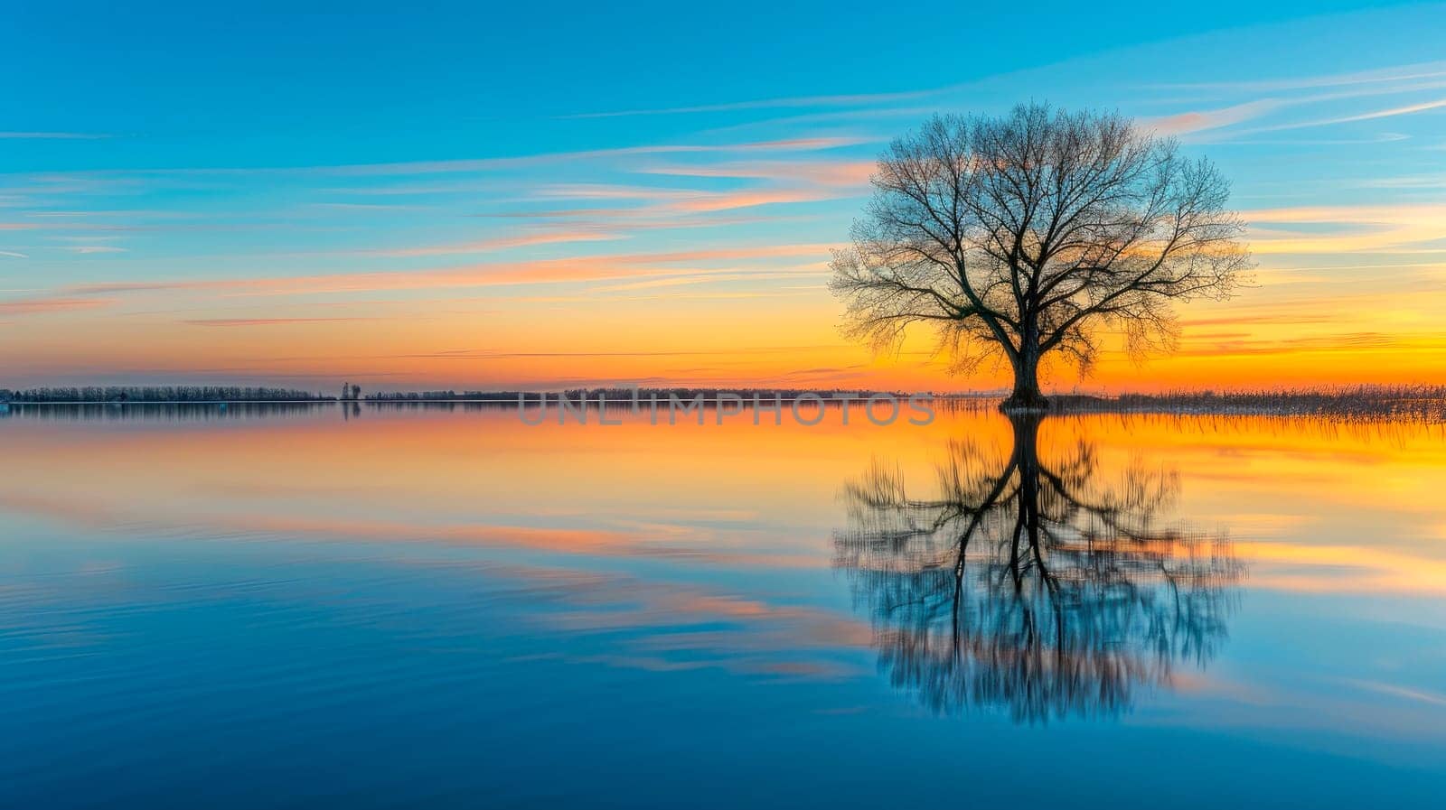 Picturesque view of leafless lonely tree growing and reflecting in tranquil lake at sunset time. AI generated