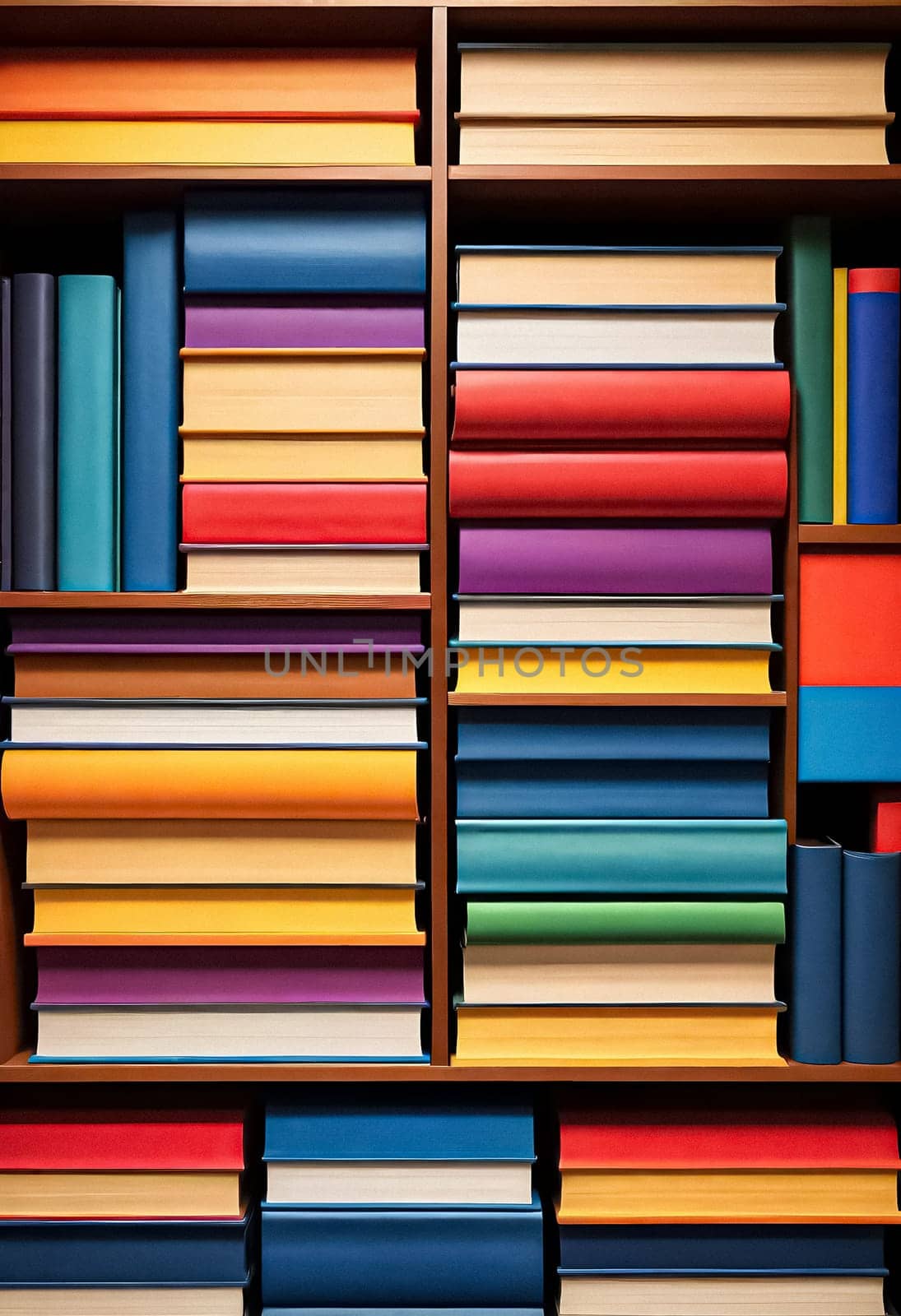 AI generated of a book shelf with many books in different colors