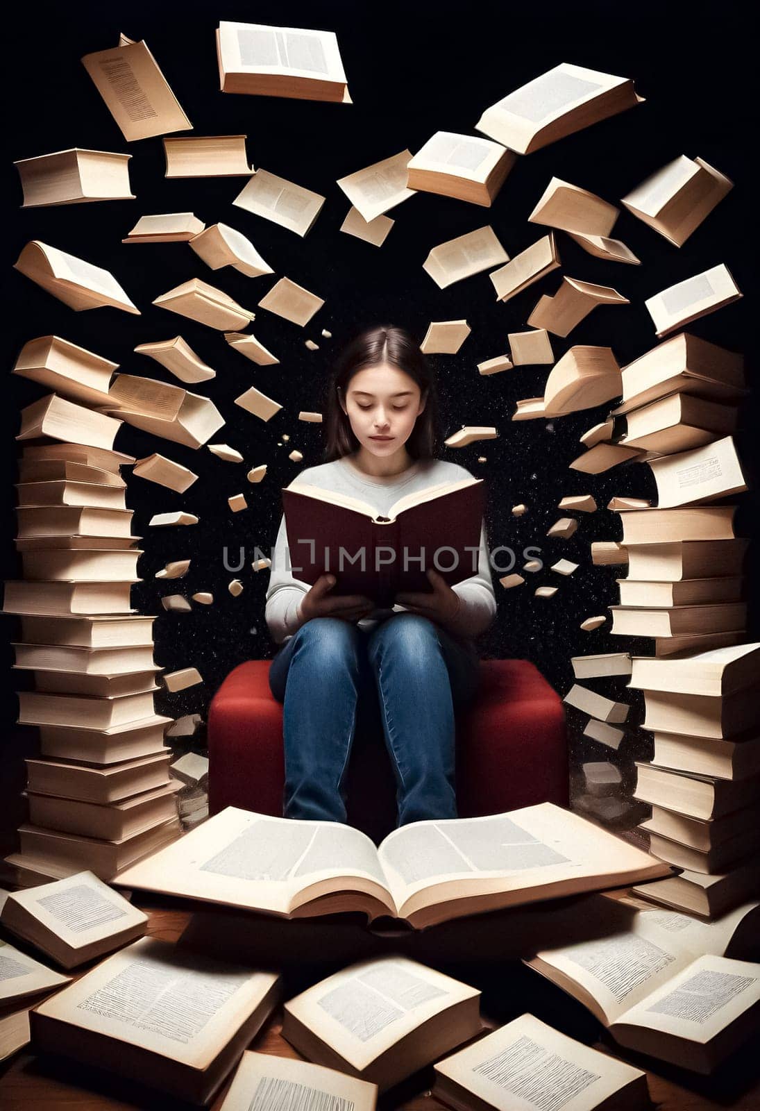 AI generated of a girl is reading a book in a circle of books