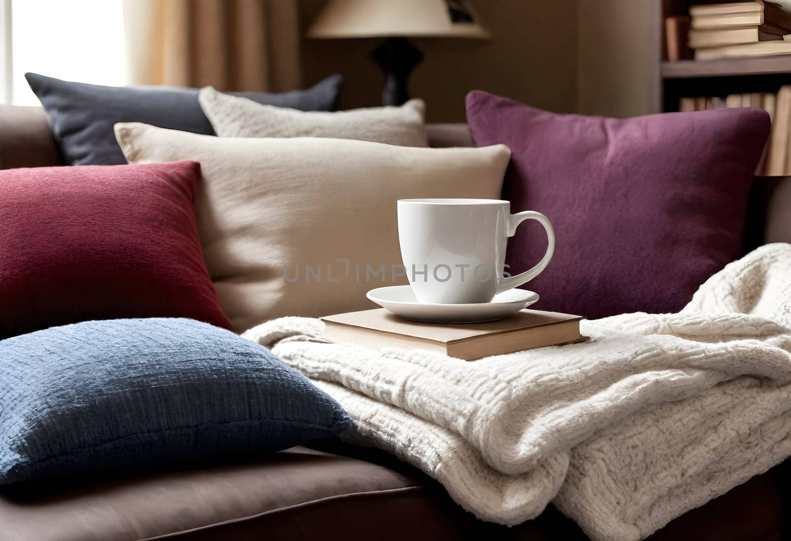 AI generated of a coffee cup and some pillows on a couch