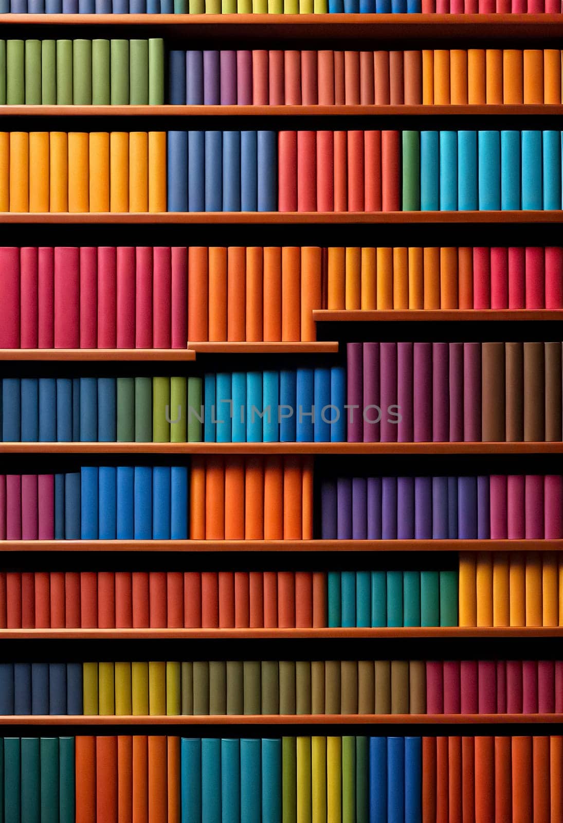 AI generated of a large book shelf with many different colored books
