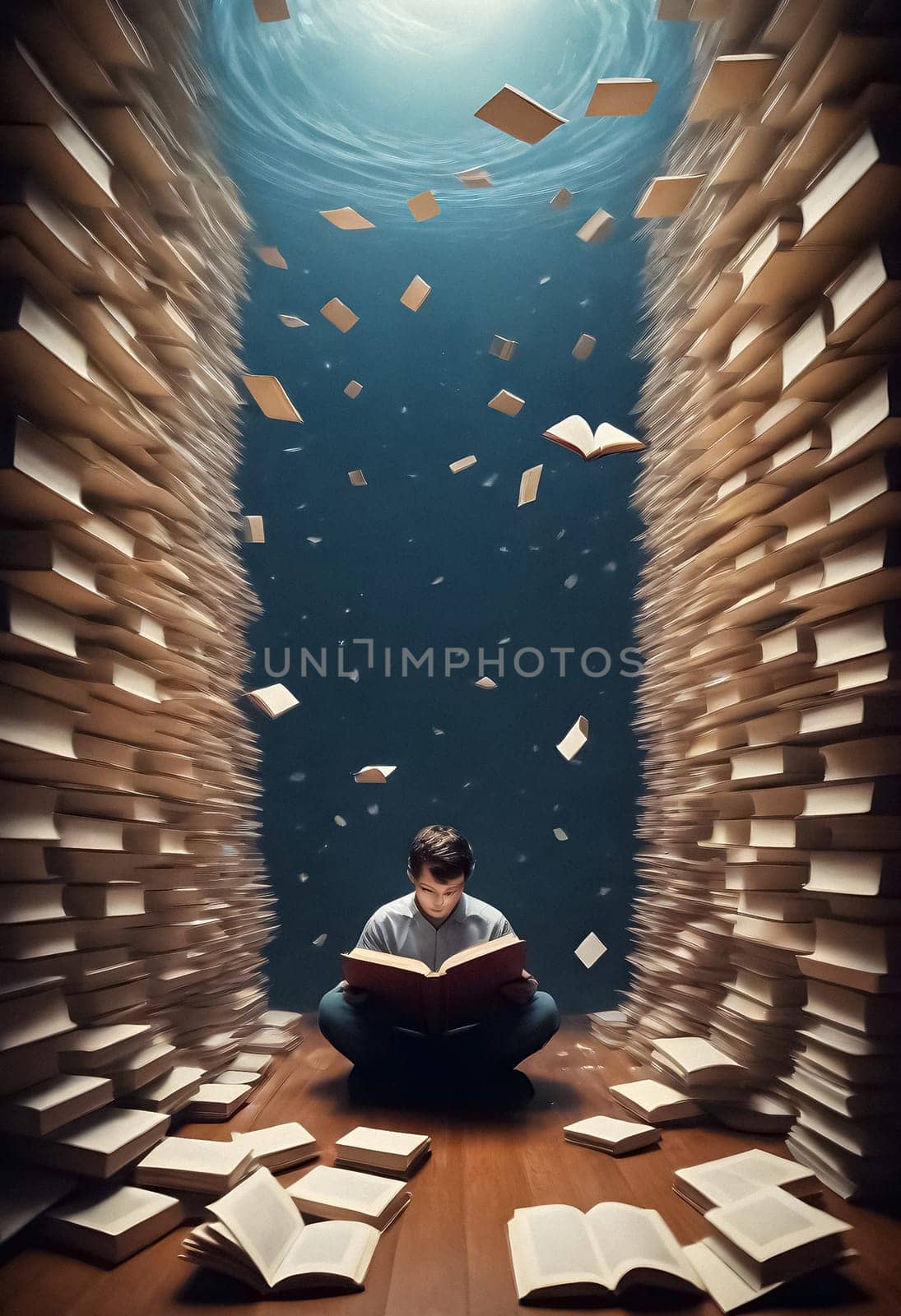 AI generated of a man sitting on a chair reading a book surrounded by books