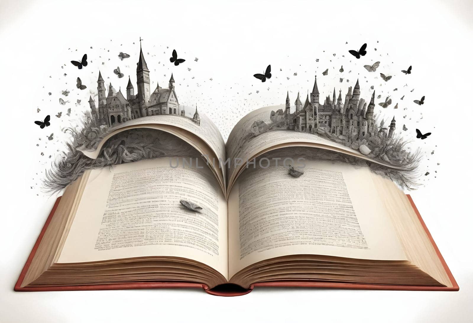 AI generated of an open book with a castle and butterflies flying out of it