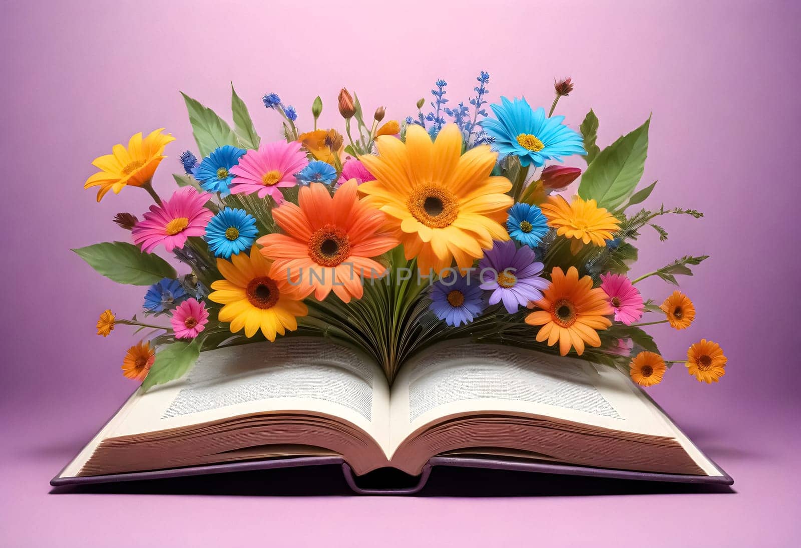 AI generated of an open book with colorful flowers on a purple background