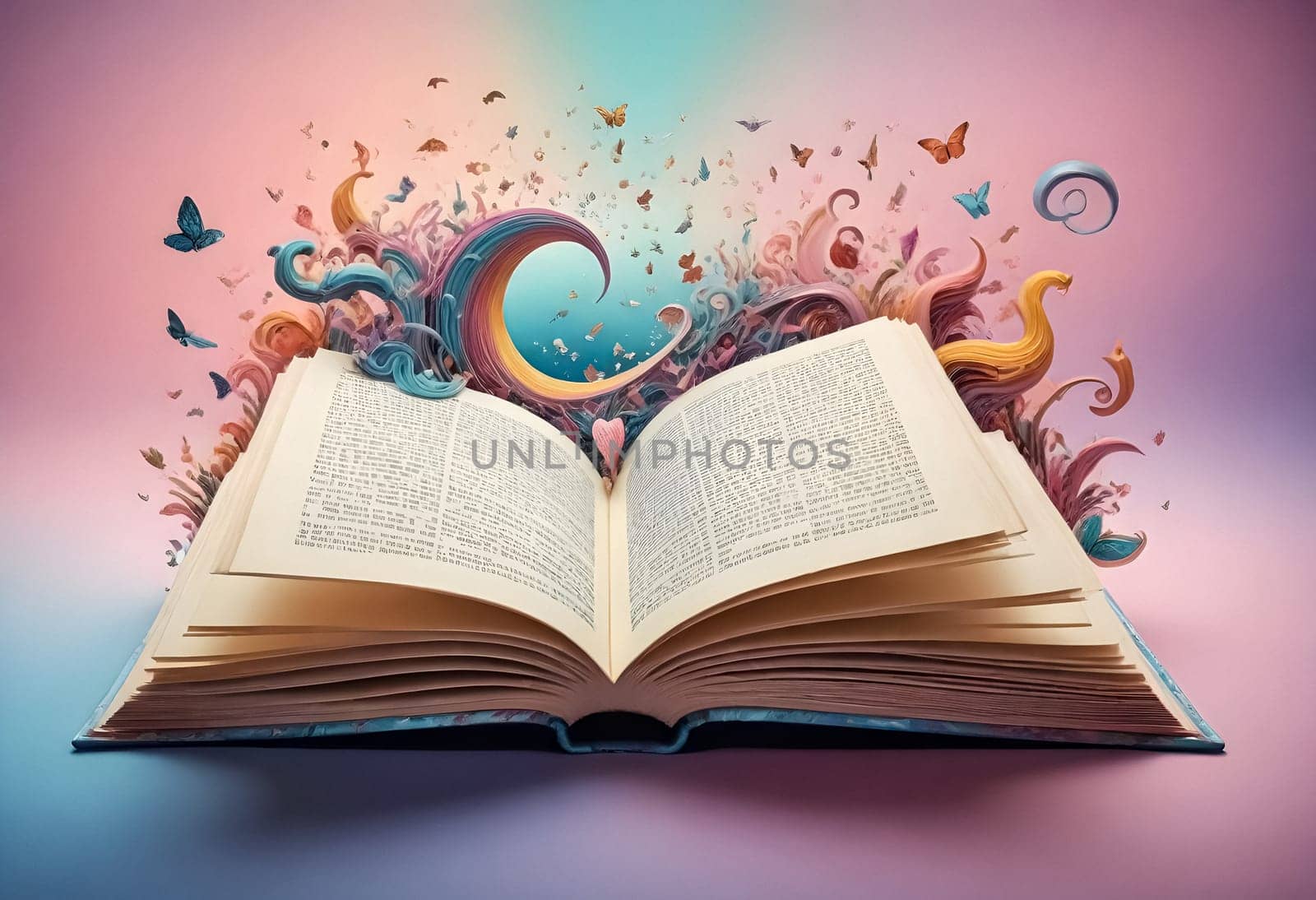 AI generated of an open book with colorful swirls and butterflies
