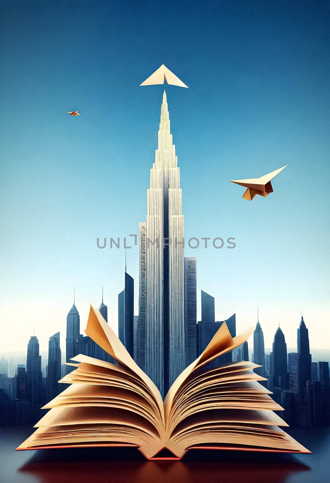 AI generated of open book with paper plane flying over city background