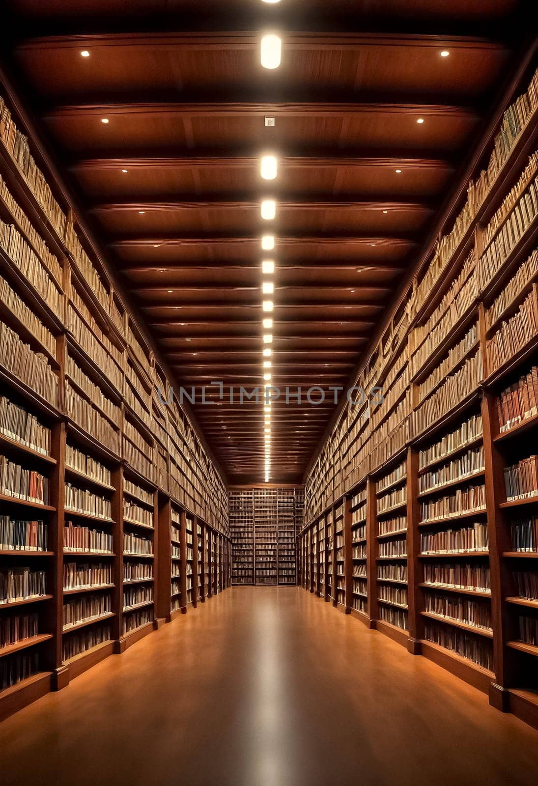 AI generated of a library with a wooden ceiling with full of bookshelves