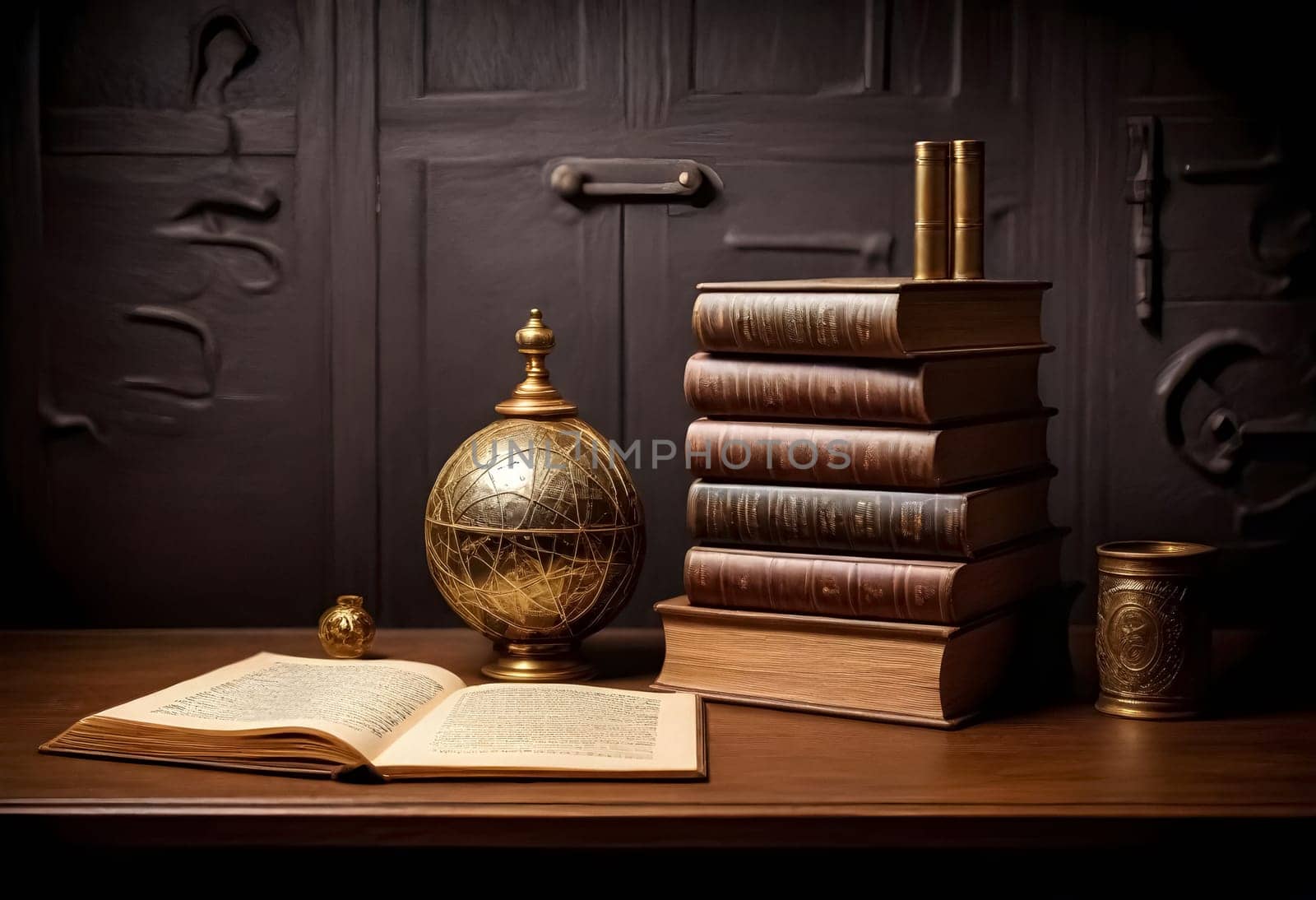 AI generated of an open book, a vase and a vase on a table