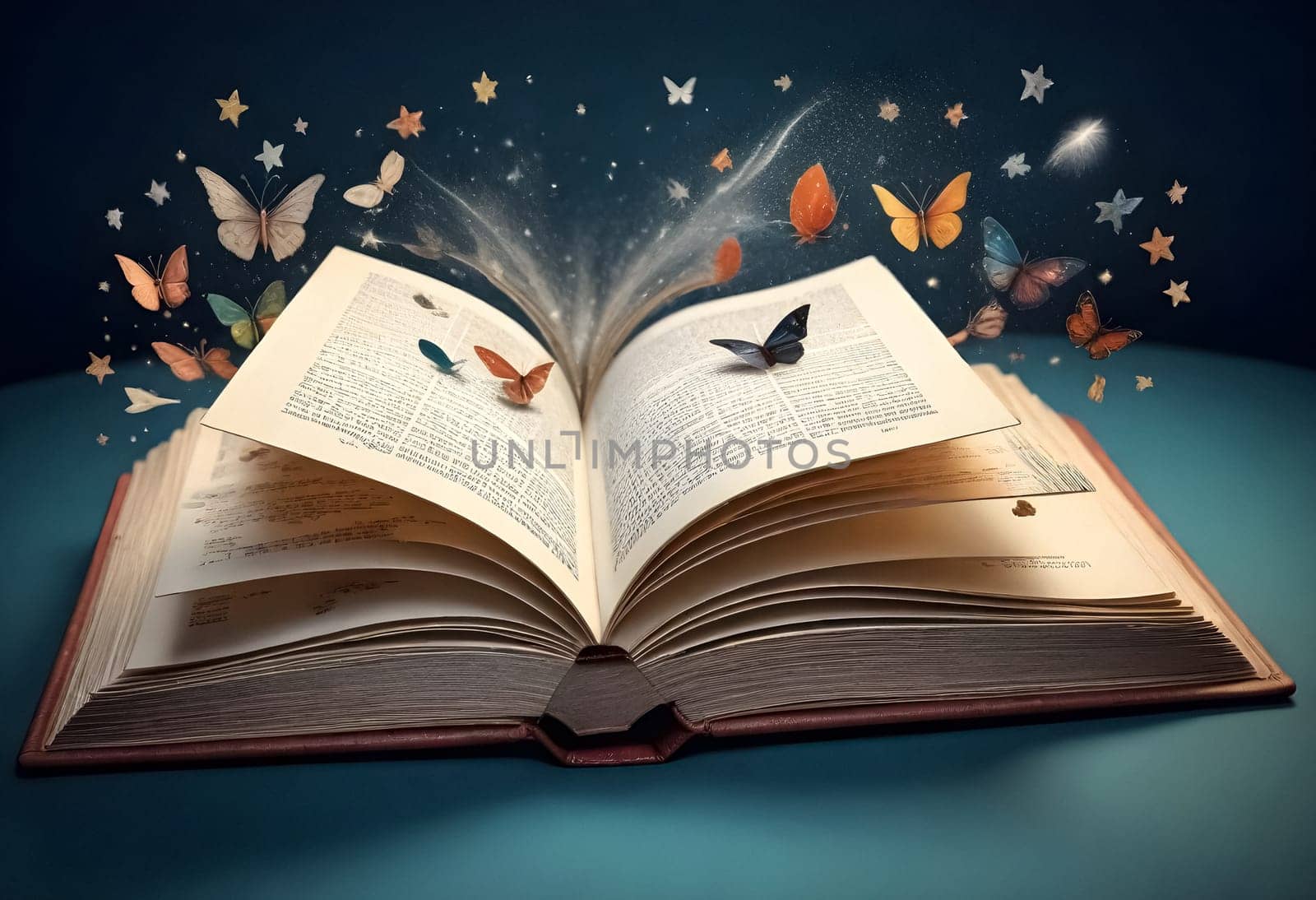 AI generated of an open book with butterflies flying out of it