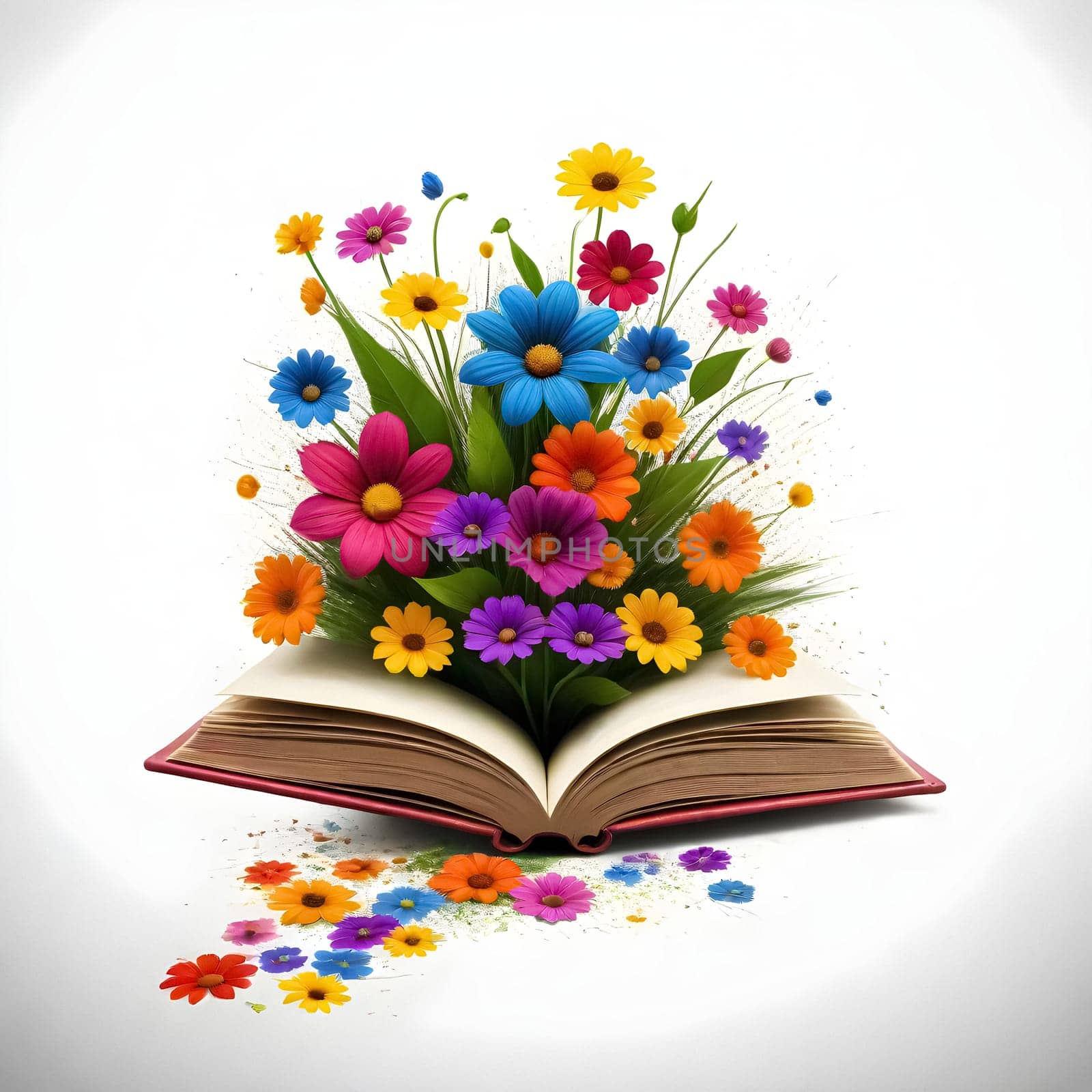 AI generated of an open book with flowers and leaves on it
