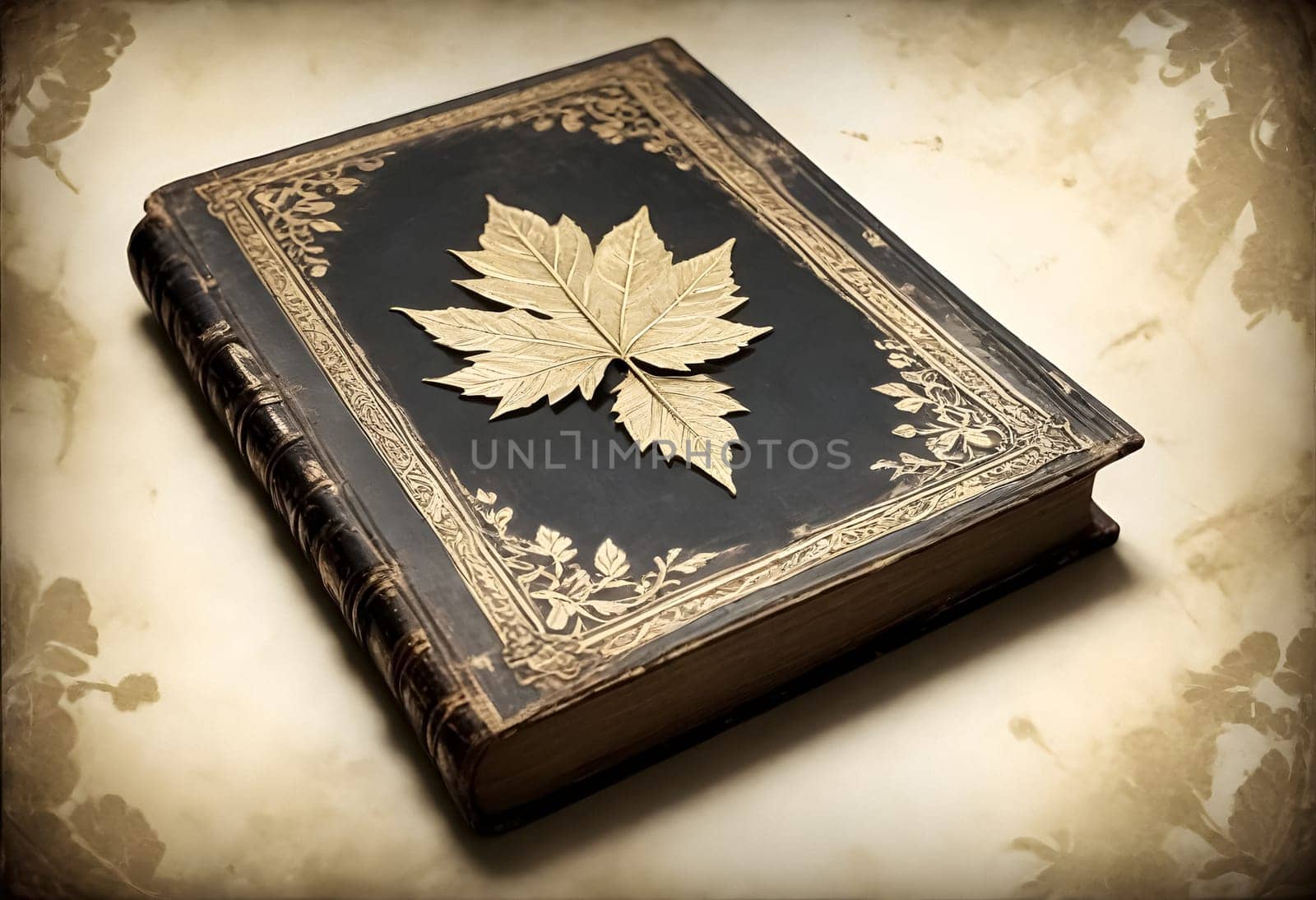 AI generated of an old book with maple leaves on the cover