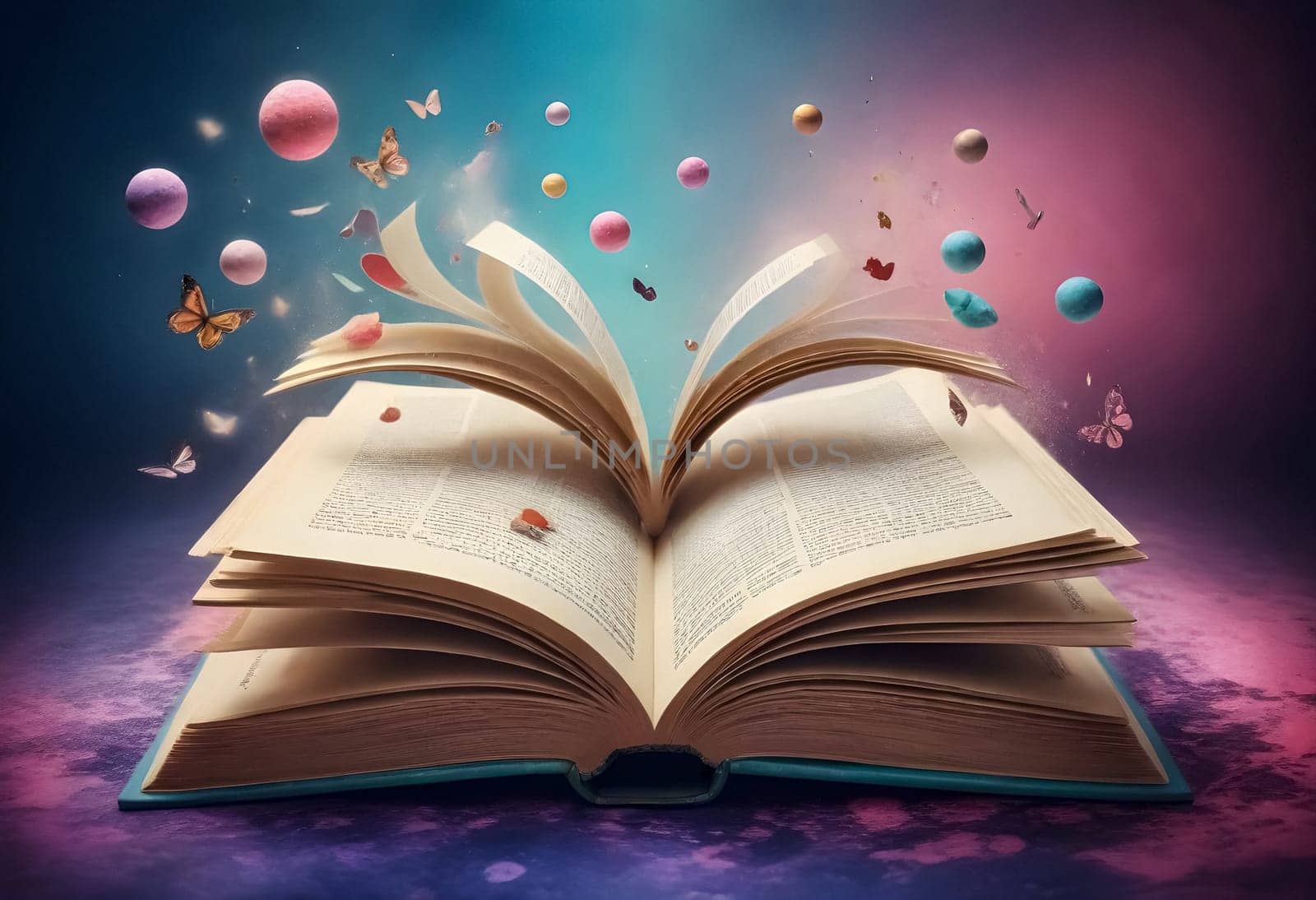 AI generated of an open book with colorful bubbles flying out of it