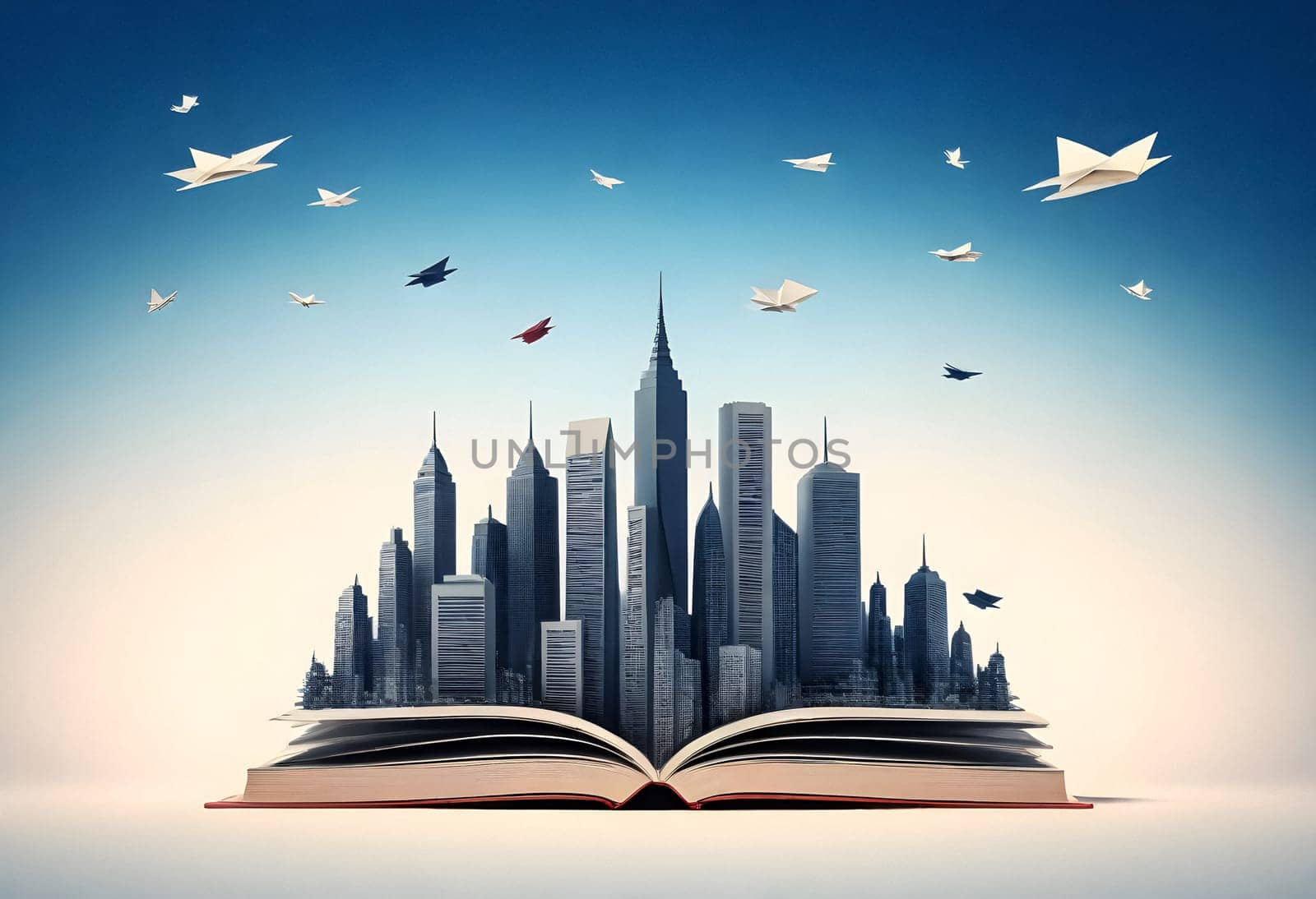 AI generated of open book with city and paper airplanes flying over it