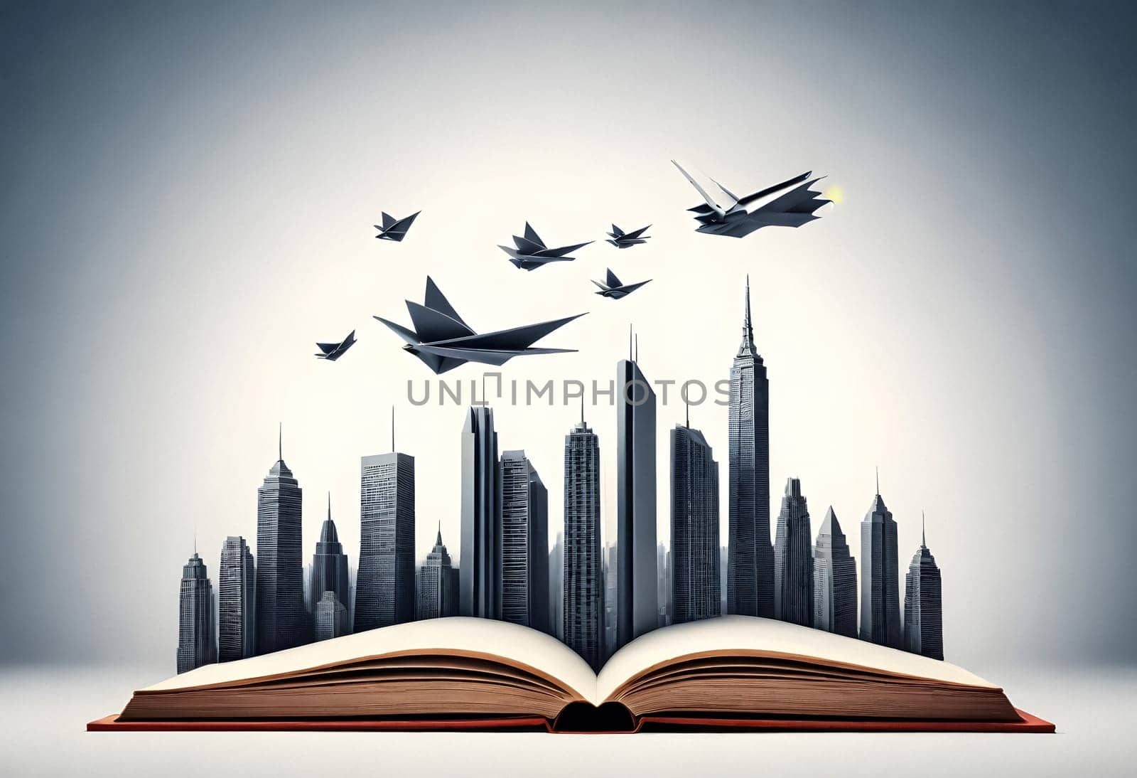 AI generated of open book with city and birds flying over it
