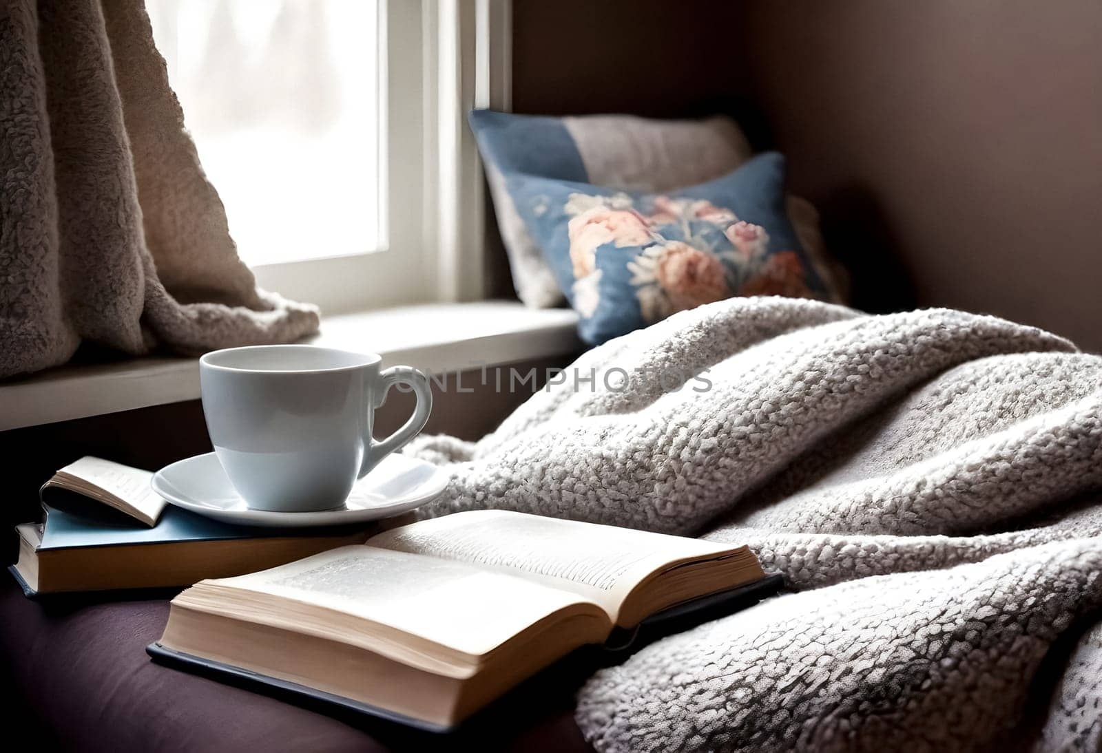 AI generated of coffee and books on a bed in front of a window