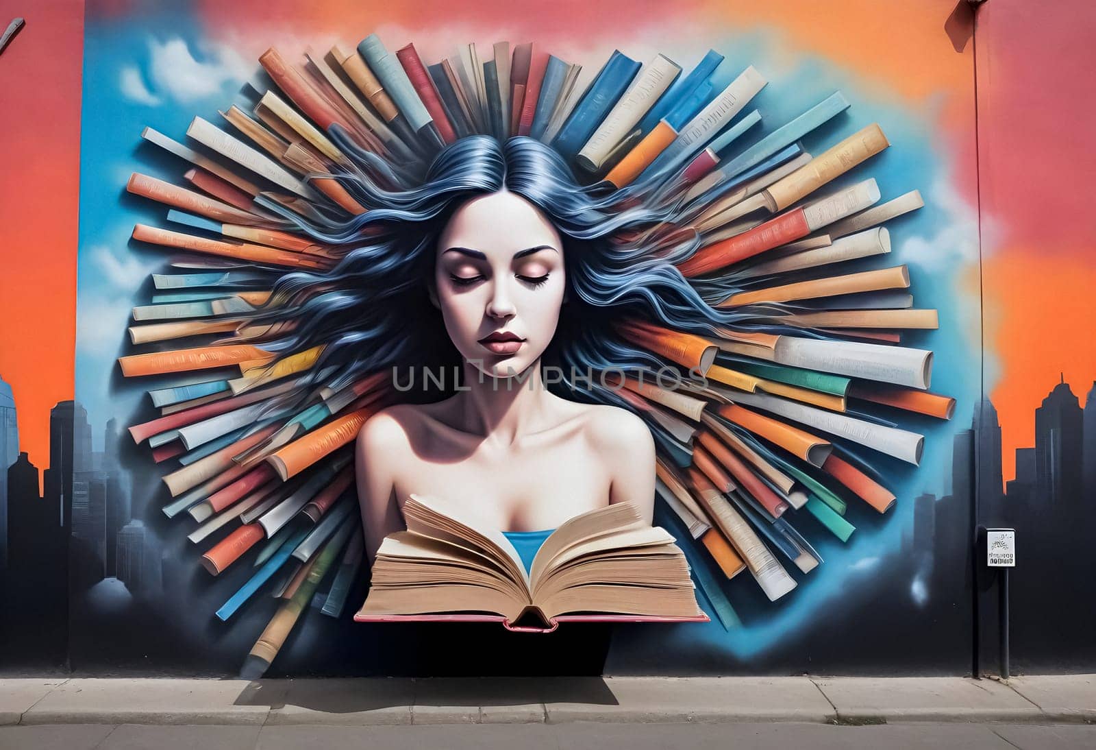 AI generated of a woman reading a book on a wall with books stacked on it