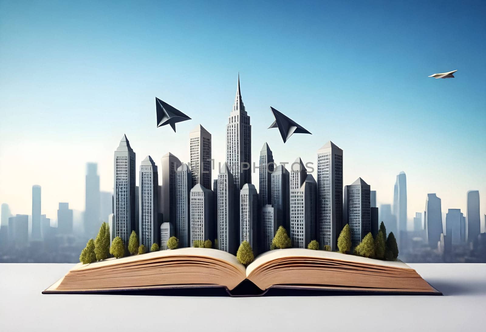 AI generated of open book with cityscape and paper planes on it