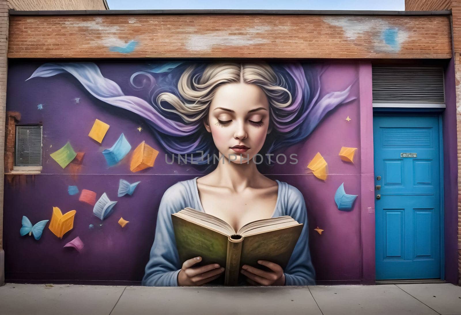 AI generated of a mural of a woman reading a book on wall