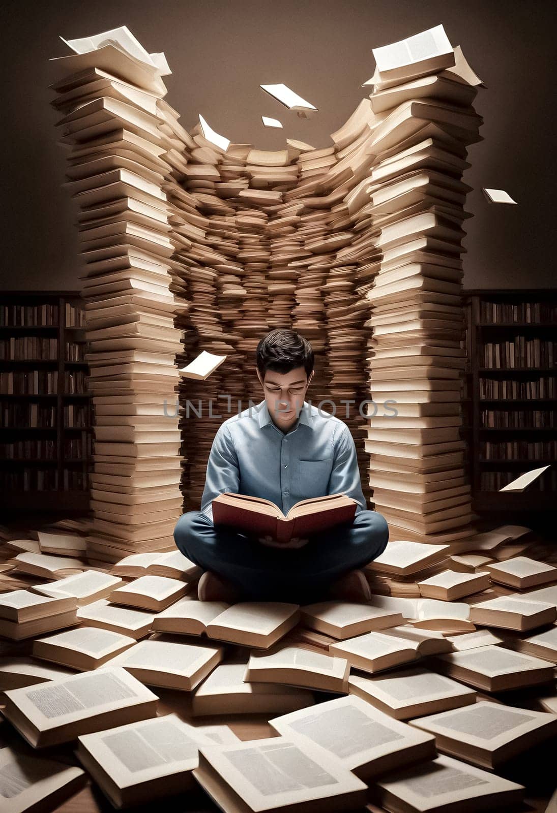 AI generated of a man sits in front of a stack of books in library