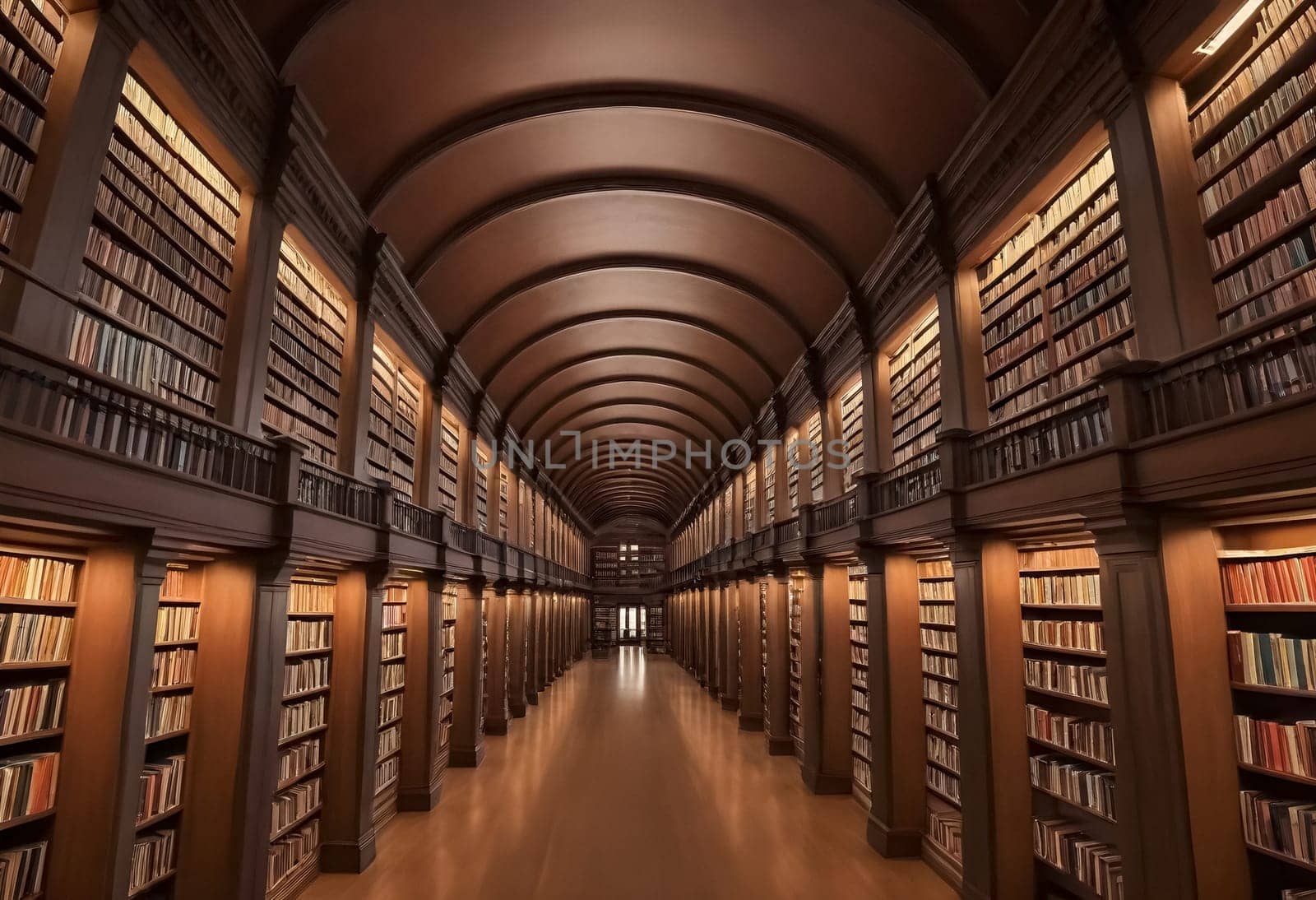AI generated of a long row of bookshelves in a library